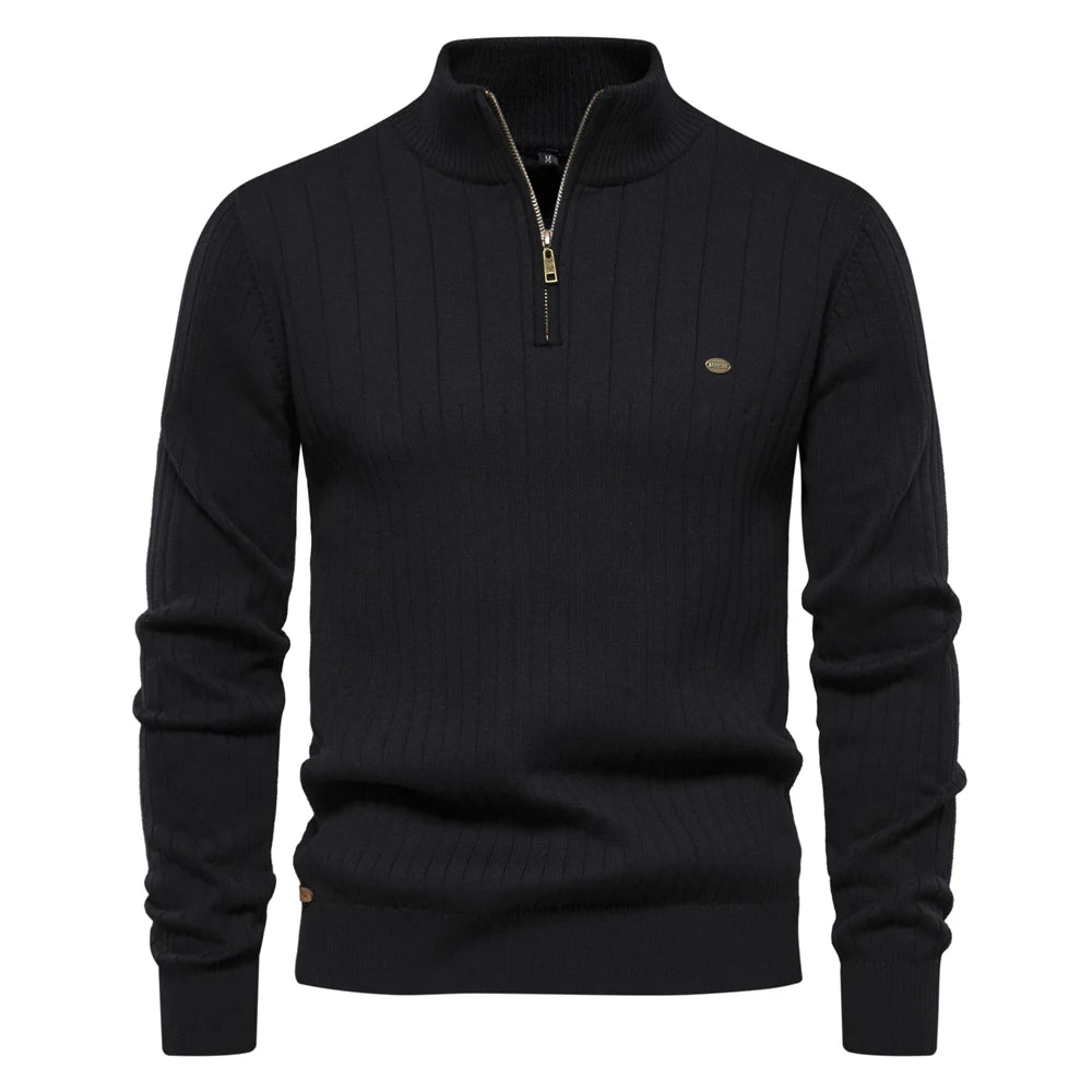 Men's Autumn Winter Cotton Knit Stand Collar Zipper Pullover Sweater - High Quality Warm Casual Wear for Outdoor & Office