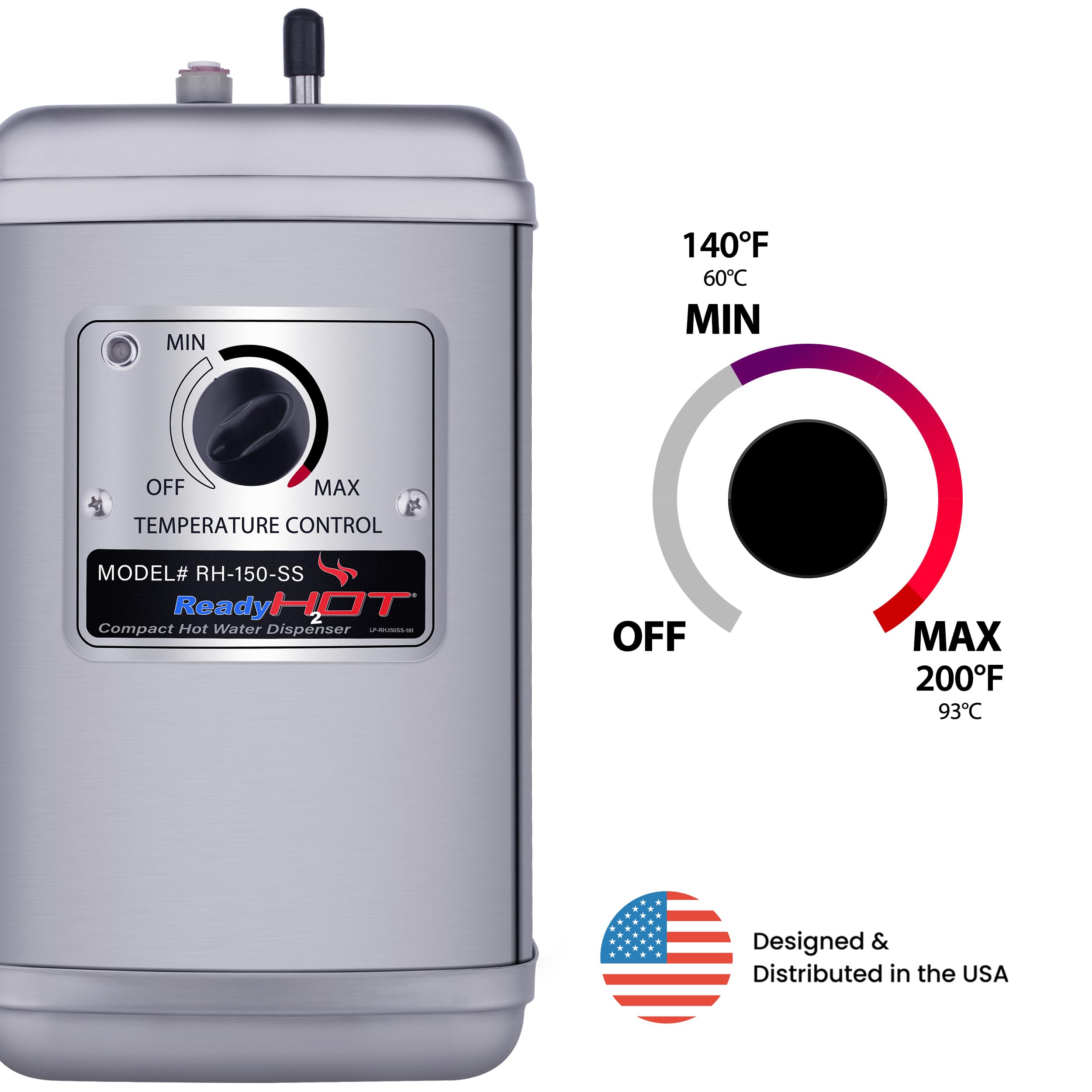 Compact Instant Hot Water Dispenser - Wall Mounted Stainless Steel Tank with Adjustable Temperature Control (Tank Only, No Faucet) - Perfect for Office, Kitchen, or Small Spaces - Model 40-RH-150-SS