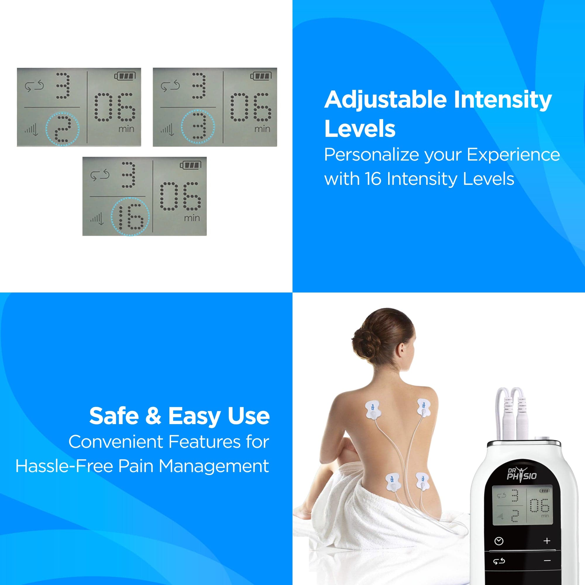 Dr Physio USA TENS Unit Muscle Stimulator - Electric Pulse Massager for Pain Relief & Physical Therapy - Perfect for Back Pain, Neck Pain & Muscle Recovery at Home or Gym