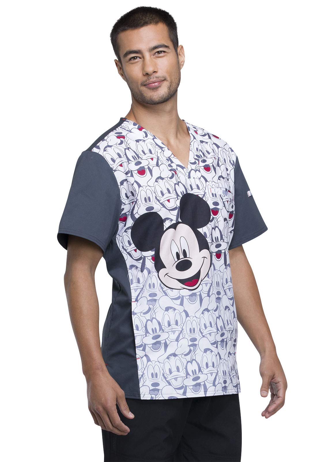 Tooniforms Men's V-Neck Scrub Top TF700 - XS Size, Mickey and Friends Design - Comfortable Medical Uniform for Doctors, Nurses & Healthcare Professionals