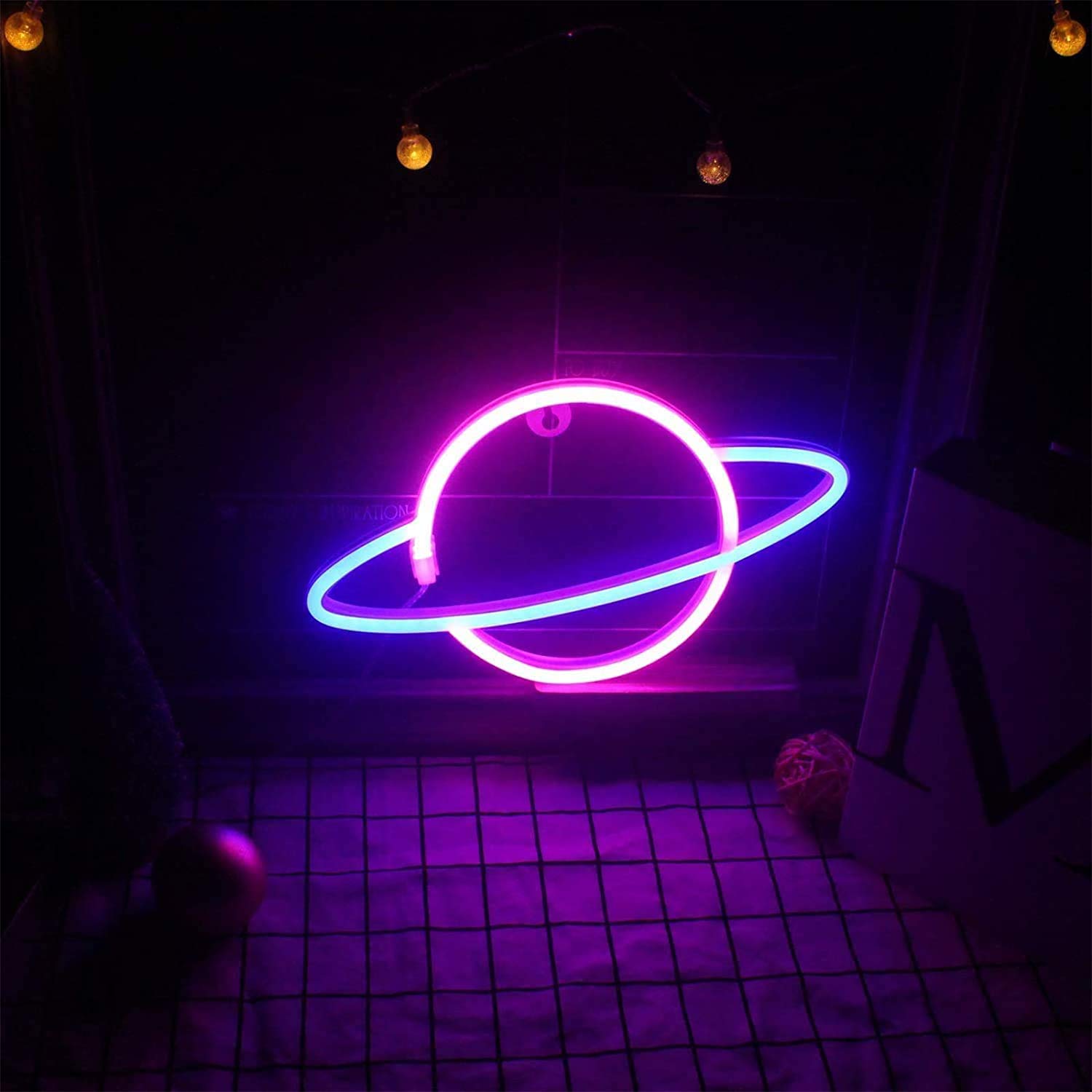 WONFAST LED Neon Sign - Planet Rocket Acrylic Night Light with Battery/USB Power, Wall Decor for Kids Room, Christmas, Birthday & Wedding Party (Pink/Blue) - Perfect for Bedroom, Nursery, Game Room & Home Decoration