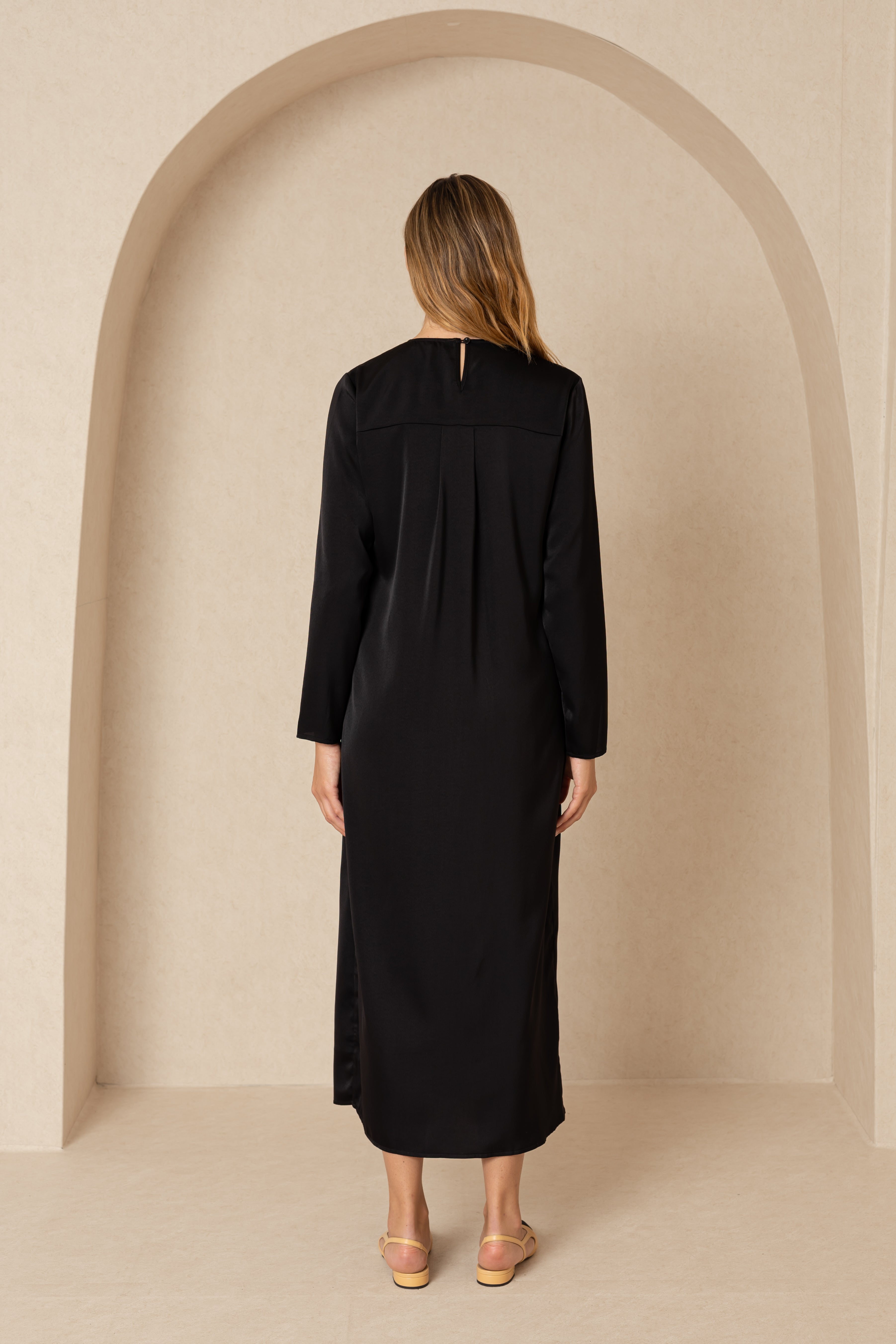 Elegant Black Silk Maxi Dress with Front Ruffle Detail - Perfect for Evening Parties, Weddings & Special Occasions