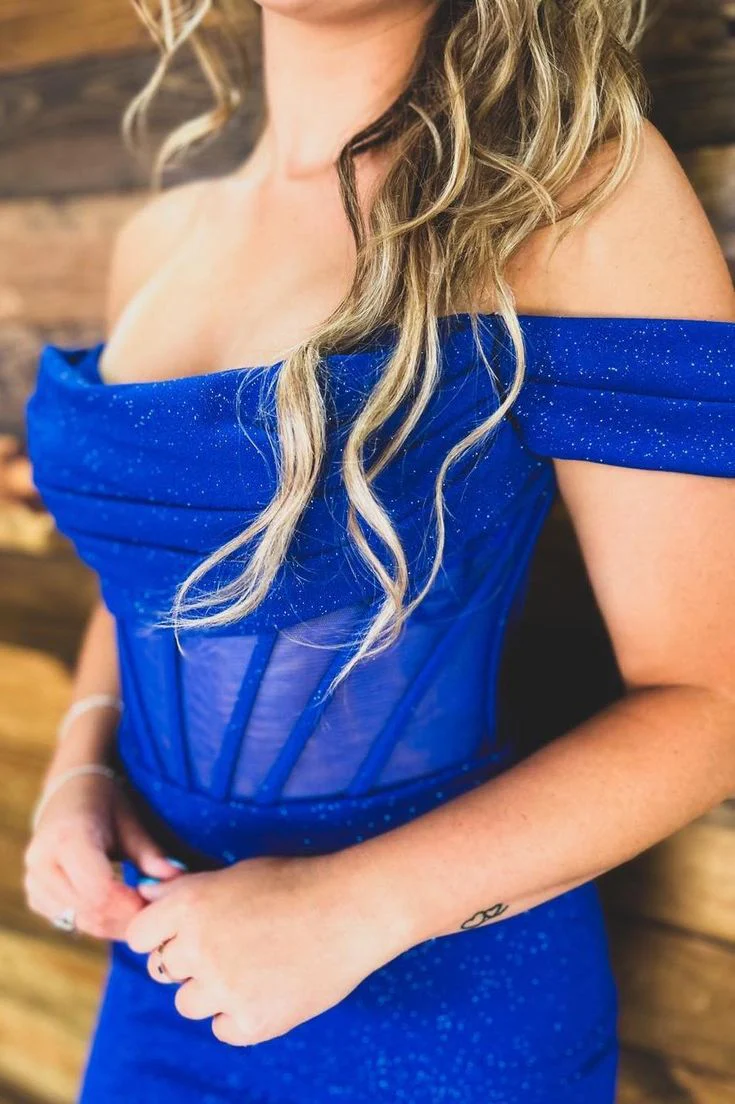 Royal Blue Sparkly Off-The-Shoulder Short Homecoming Dress J4027 - Elegant Prom Party, Cocktail, Formal Evening Event Dress for Women