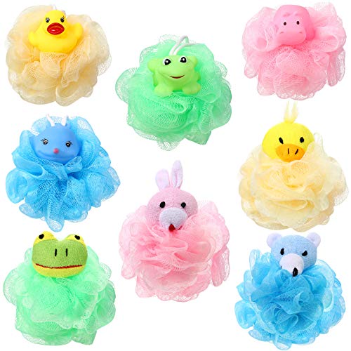 8-Piece Cute Animal Loofah Bath Sponges for Kids - Colorful Cartoon Mesh Shower Poufs, Body Scrubbers & Spa Puff Balls - Perfect for Bath Time, Baby Showers & Fun Bathroom Decor