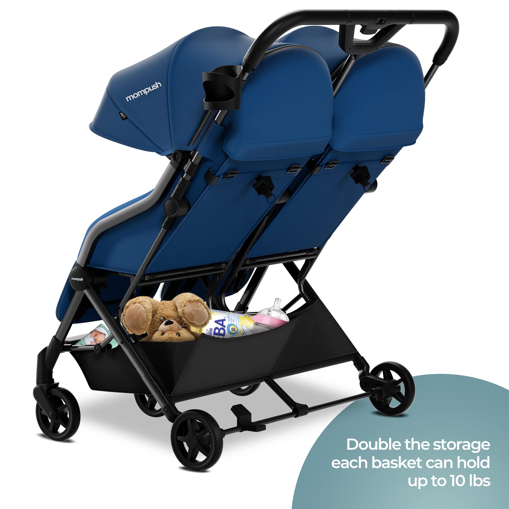 Mompush Lithe Double Ultralight Stroller - Lightweight Side by Side Baby Stroller with 2 Large Reclining Seats & Easy Fold | Perfect for Twins, Siblings & Traveling Families