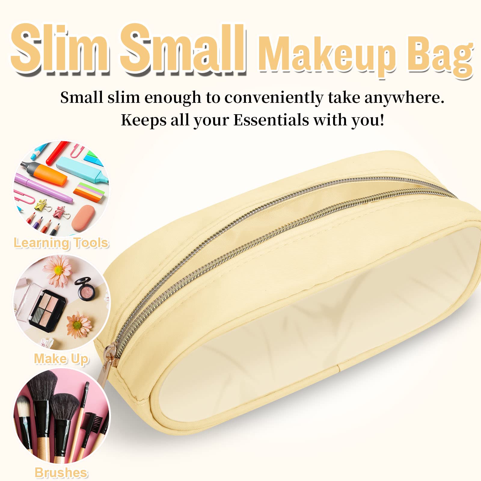 Nylon Small Clear Makeup Bag Slim Pouch - Cute Preppy Cosmetic Zipper Pouch for Women & Girls | Travel Toiletry Bag, Makeup Brush Case, Purse Organizer, Coin Pouch (Beige) - Perfect for Daily Use, Traveling & Gift Giving