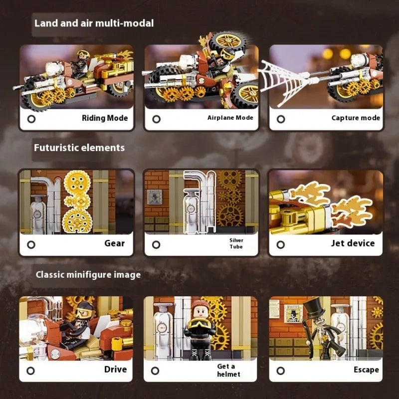 FunWhole F9067 Steampunk World Motorcycle Chase Building Blocks Set - Creative DIY Model Kit for Adults & Teens - Perfect for Home Decoration, Gift Giving & Collector's Display