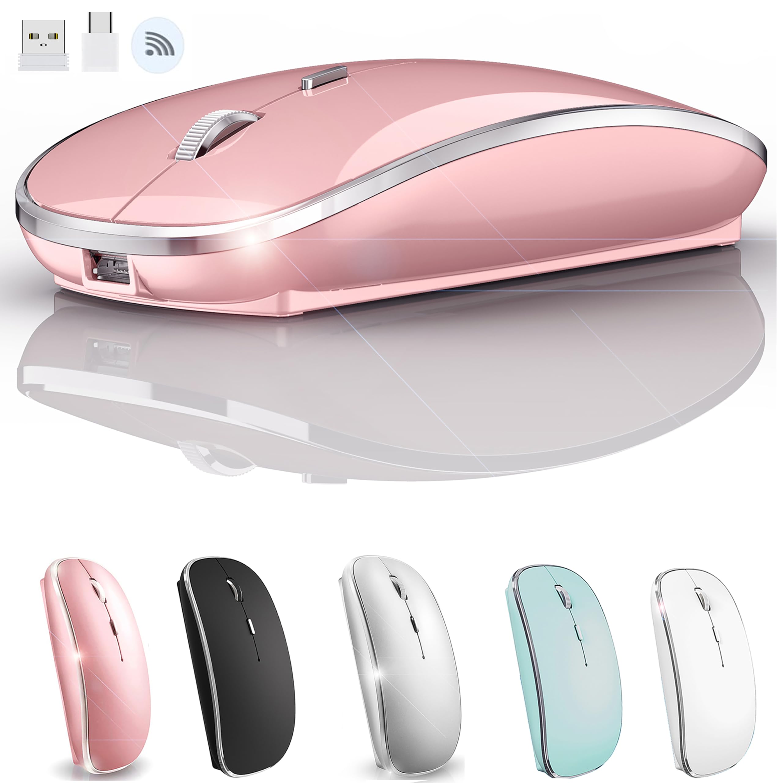 Wireless Mouse for MacBook Pro, MacBook Air, iMac, Chromebook & Windows PC - 2.4G USB/USB-C Rechargeable Mouse (Rose Gold) - Perfect for Office, Home & Travel Use