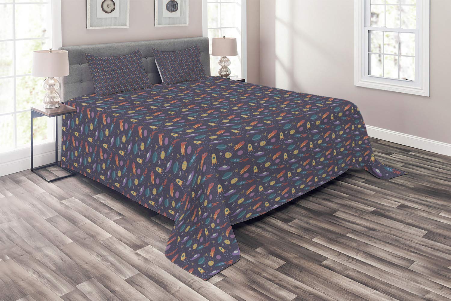 Ambesonne King Size 3-Piece Quilted Bedspread Set with 2 Pillow Shams - Space Themed Comet Stars Rockets & Planets in Pastel Tones, Dark Purple Grey & Multicolor - Perfect for Galaxy Themed Bedroom Decor, Sci-Fi Lovers & Unique Gift Idea