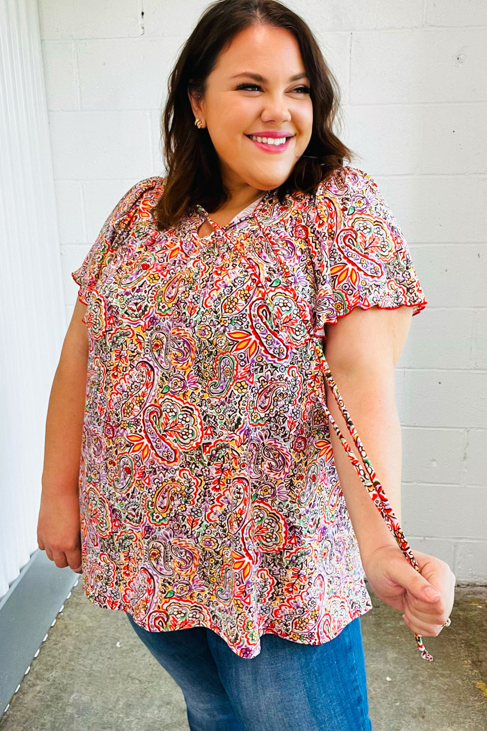 Boho Paisley Print Dolman Top with Tie Neck - Plum & Multicolor Floral Blouse for Women | Perfect for Casual Outings, Music Festivals & Beach Vacations