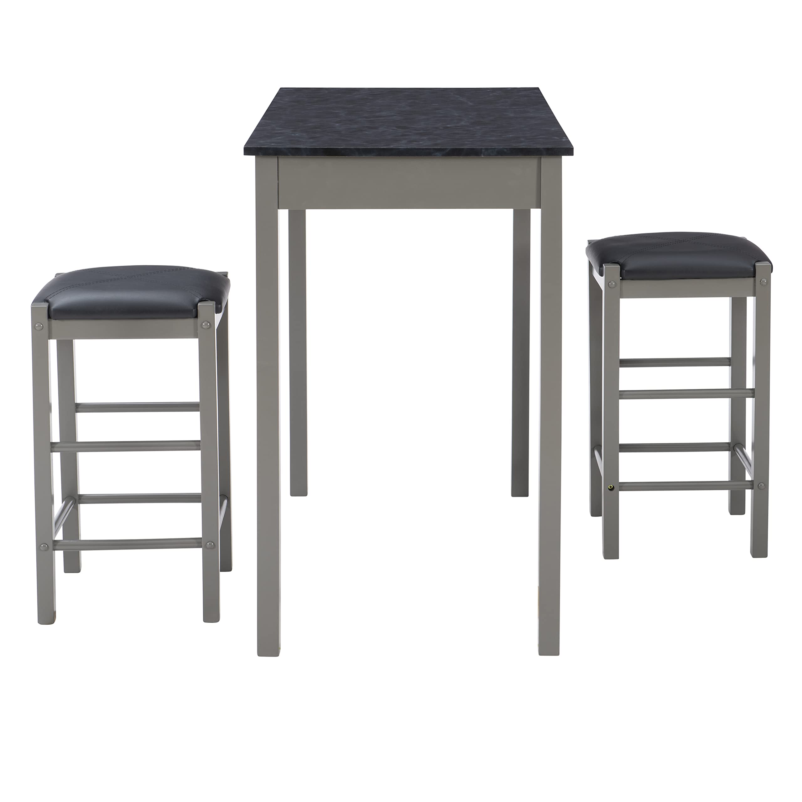 Linon Grey and Faux Marble 3-Piece Tavern Set - Bar Height Table with 2 Stools for Kitchen, Dining Room, or Pub Decor