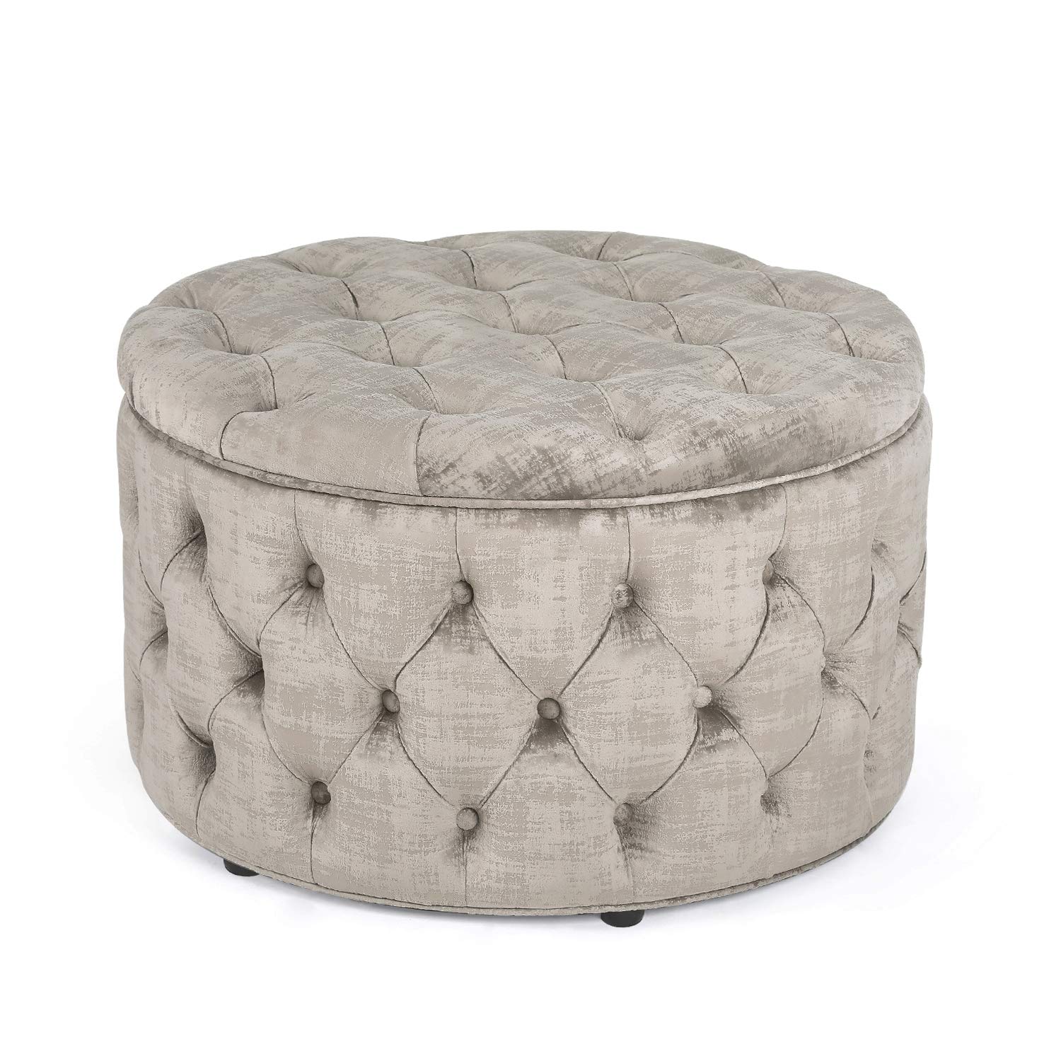 Joveco Round Storage Ottoman with Removable Top - Button Tufted Upholstered Bench, Coffee Table & Footrest Stool for Living Room, Bedroom & Entryway - Perfect for Extra Seating, Storage & Home Decor (Beige)