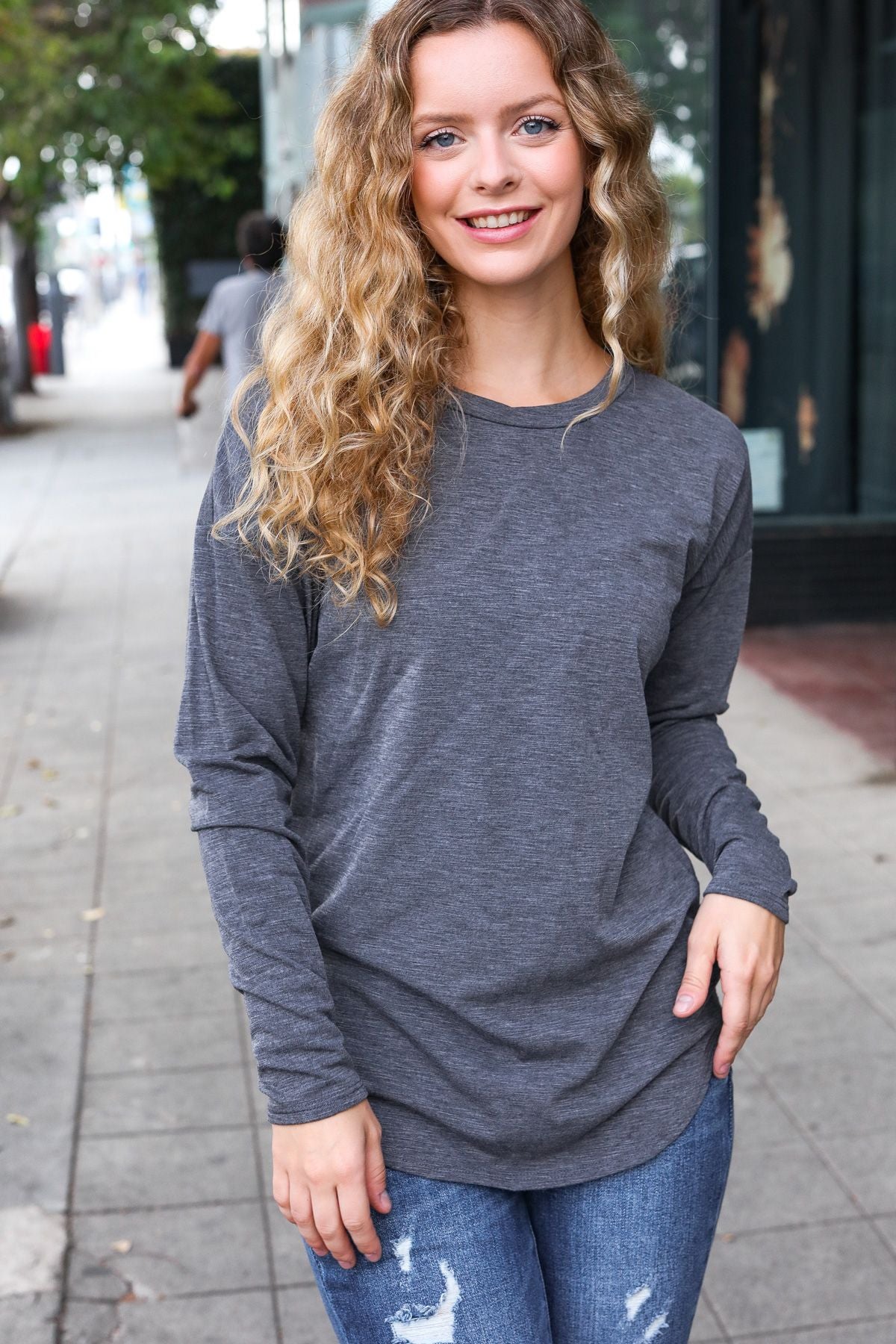 Stylish Solid Grey Fitted Long Sleeve Terry Pullover Sweatshirt for Women | Cozy Casual Wear for Fall & Winter | Perfect for Lounging, Running Errands & Coffee Dates