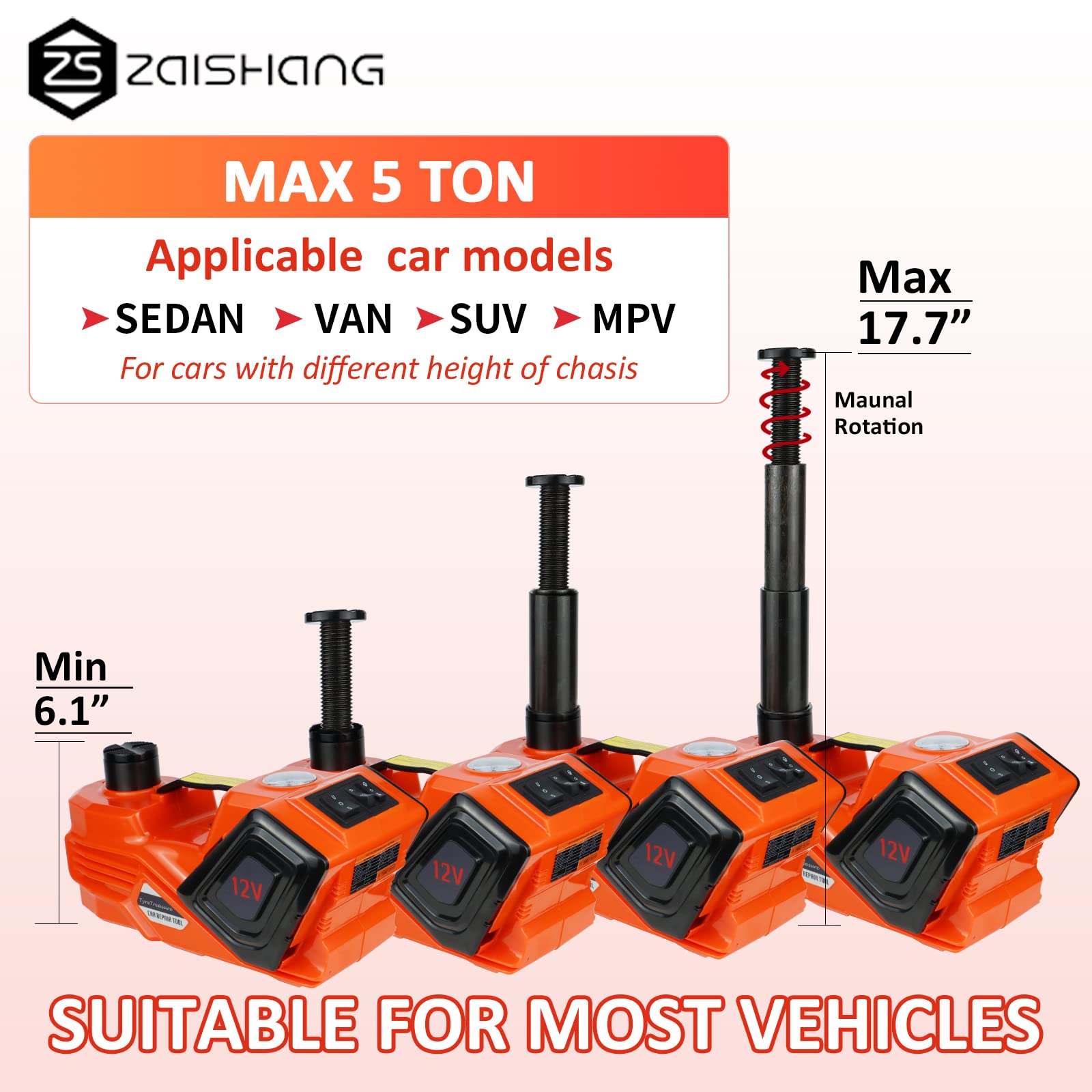 5 Ton Electric Hydraulic Car Jack Kit with Impact Wrench & Tire Inflator (6.1-17.7