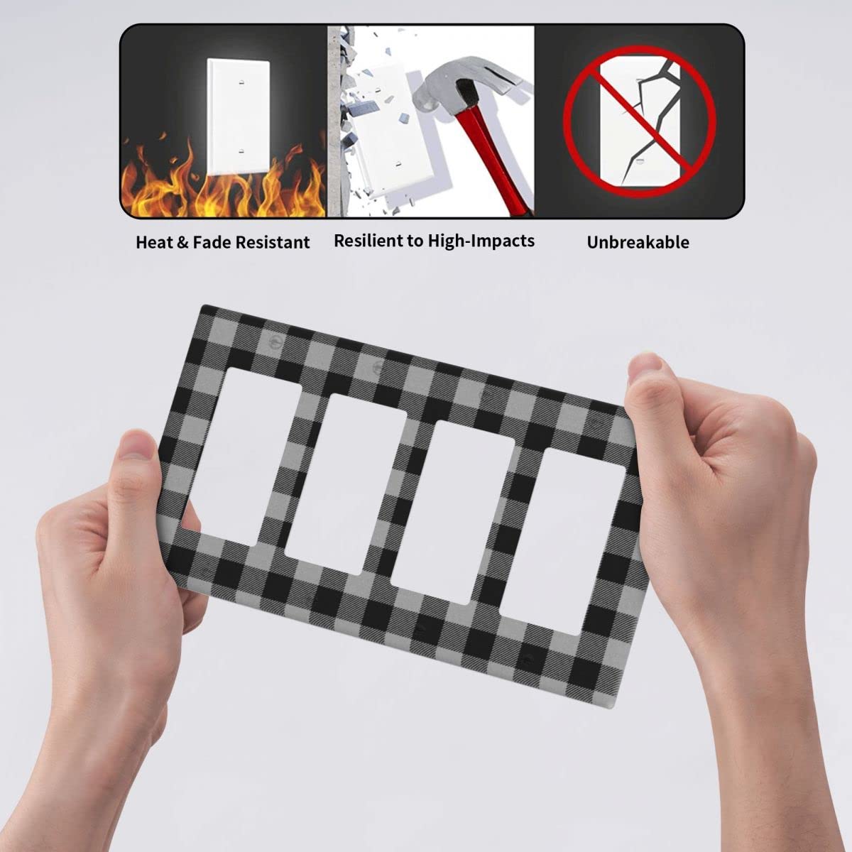 Black and White Buffalo Plaid 4-Gang Rocker Light Switch Cover - Decorative Quad Wall Plate for Outlets & Switches (4.5