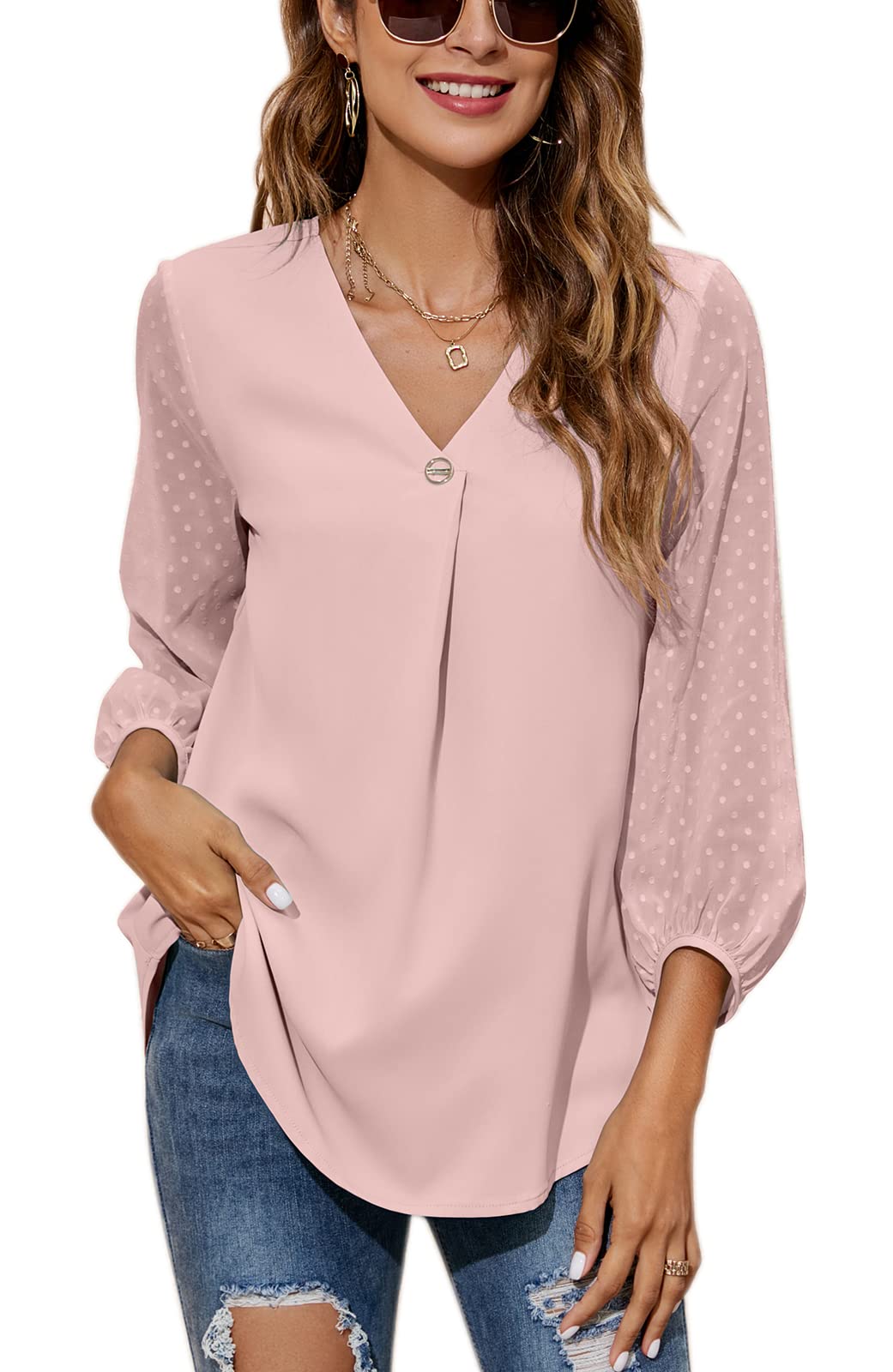 POGTMM Women's Summer Chiffon Blouse - Floral V-Neck 3/4 Sleeve Loose Tunic Top for Casual & Business Wear | Office, Dating, Party Outfit