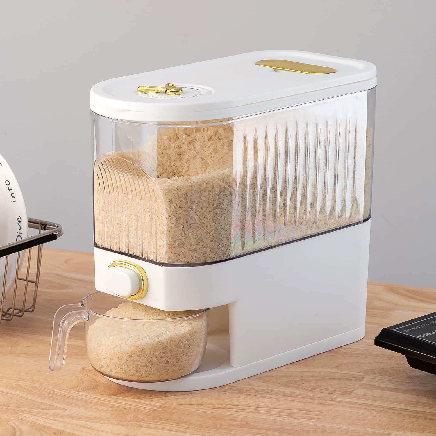 Sooyee 11Lbs Clear Rice Dispenser with Measuring Cup - Airtight Food Storage Container for Kitchen Pantry Organization - Perfect for Rice, Grains, Cereal, Beans, Pasta & Dry Food Storage - Ideal for Home, Restaurant & Bulk Food Storage