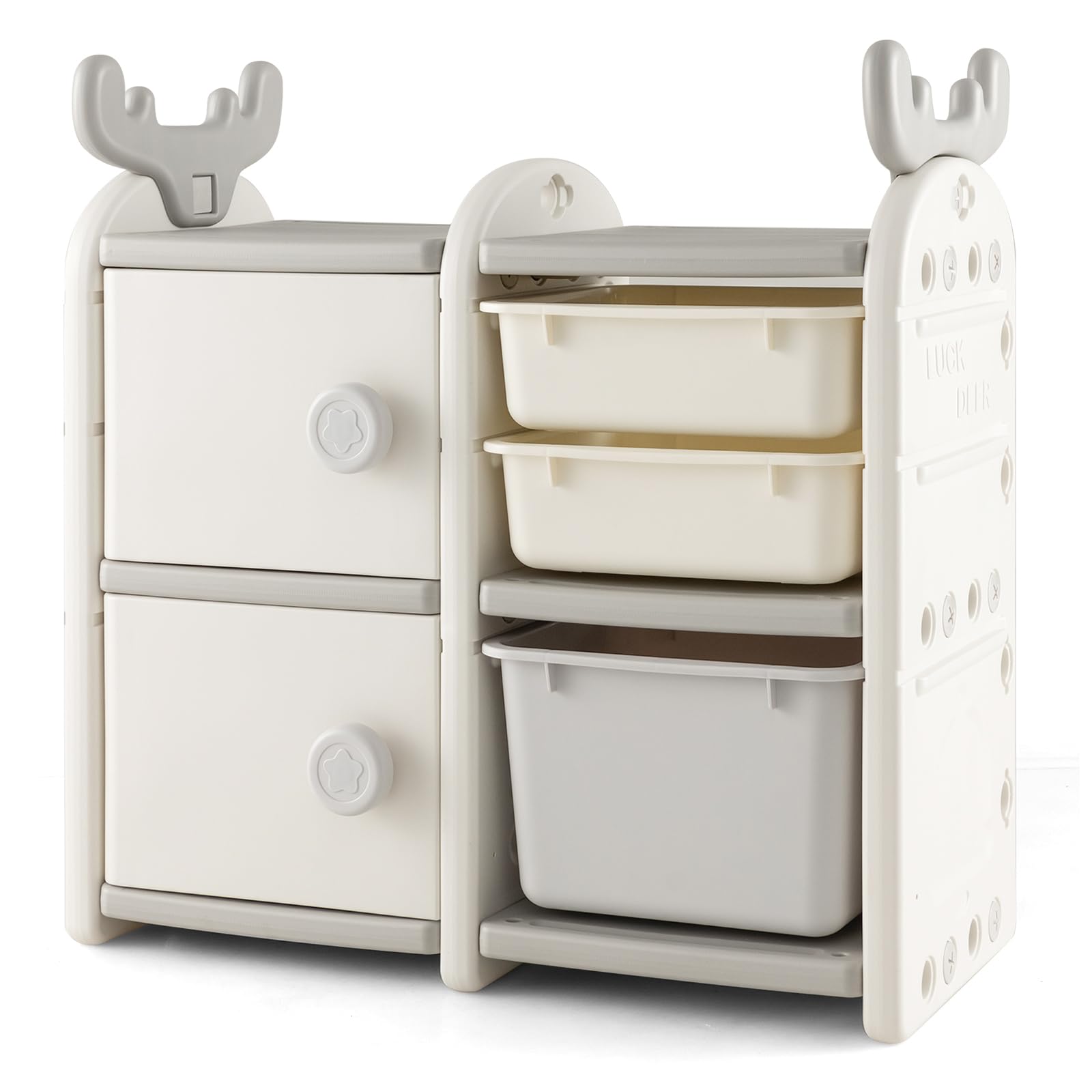 Costzon Kids Toy Storage Organizer with 6 Bins, Wooden Bookshelf & Toy Chest with Antler Top - Enclosed Cabinets & Pull-Out Drawers for Playroom, Nursery, Bedroom - Perfect for Organizing Toys, Books & Clothes in Kids Room