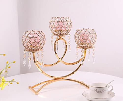 HLONGG 3-Arm Crystal Metal Candle Holder - Elegant Gold Candelabra for Wedding, Home Decor & Dining Room - Perfect for Tealight Candles, Living Room, Birthday Parties & Buffet Table Setting (Gold)
