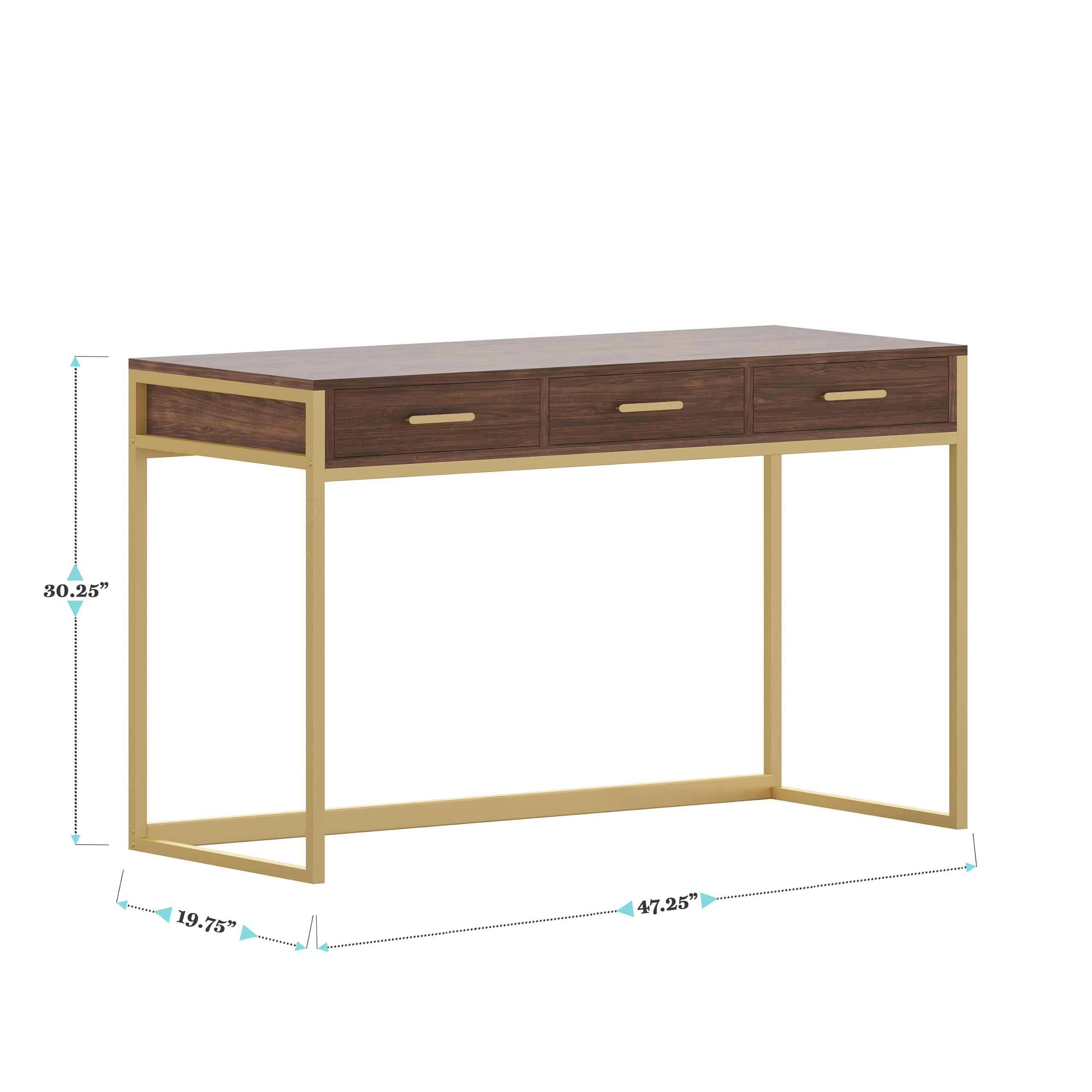 Martha Stewart Ollie Home Office Desk with 3 Drawers - Walnut Wood Grain & Polished Brass Hardware - Perfect for Small Spaces, Remote Work & Modern Home Offices
