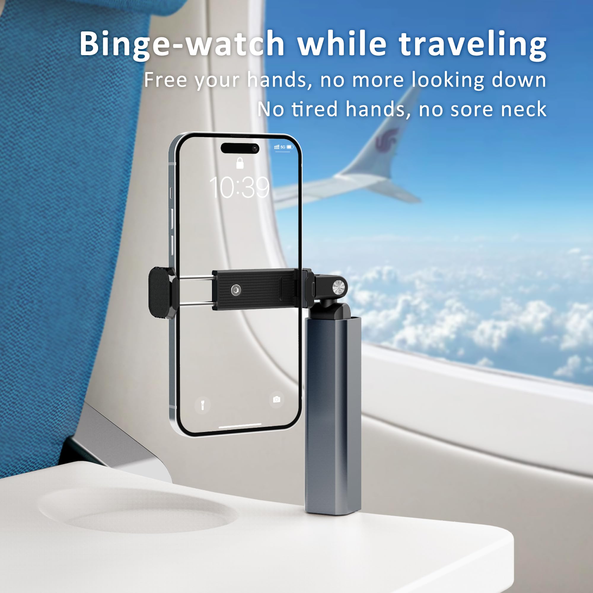 360° Rotating Airplane Phone Holder - Portable Foldable Travel Phone Stand for Desk & Tray Table, Pocket-Sized Multi-Directional Phone Mount for Train, Car & Office Use (Grey) - Perfect for Business Travelers & Commuters