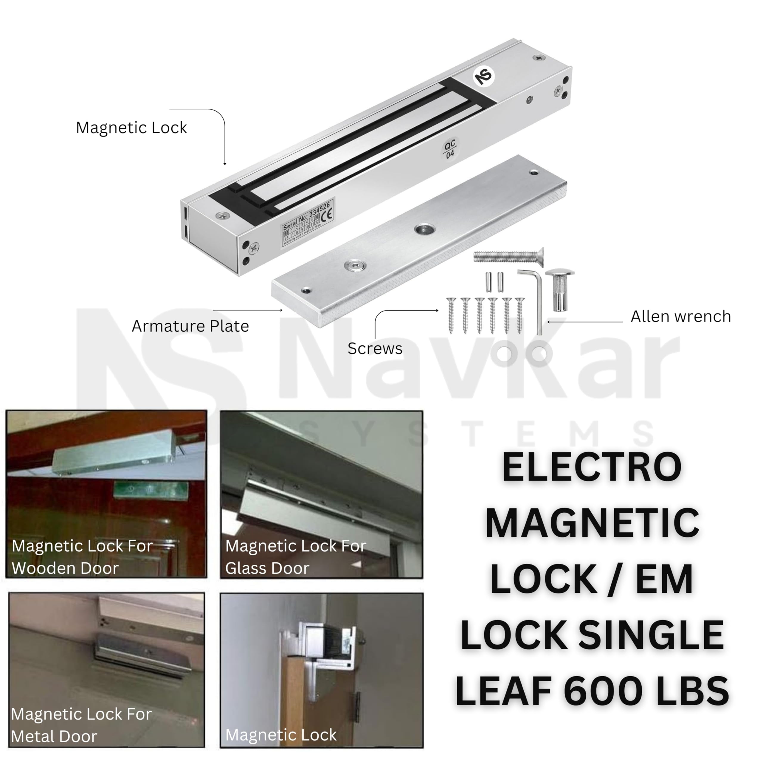 NAVKAR SYSTEMS Electromagnetic Door Lock for Single Door - Remote Receiver, 2 Remotes, L & U Brackets, Exit Button, Door Bell, 12V 2A Adapter | Secure Access Control for Homes, Offices & Commercial Buildings