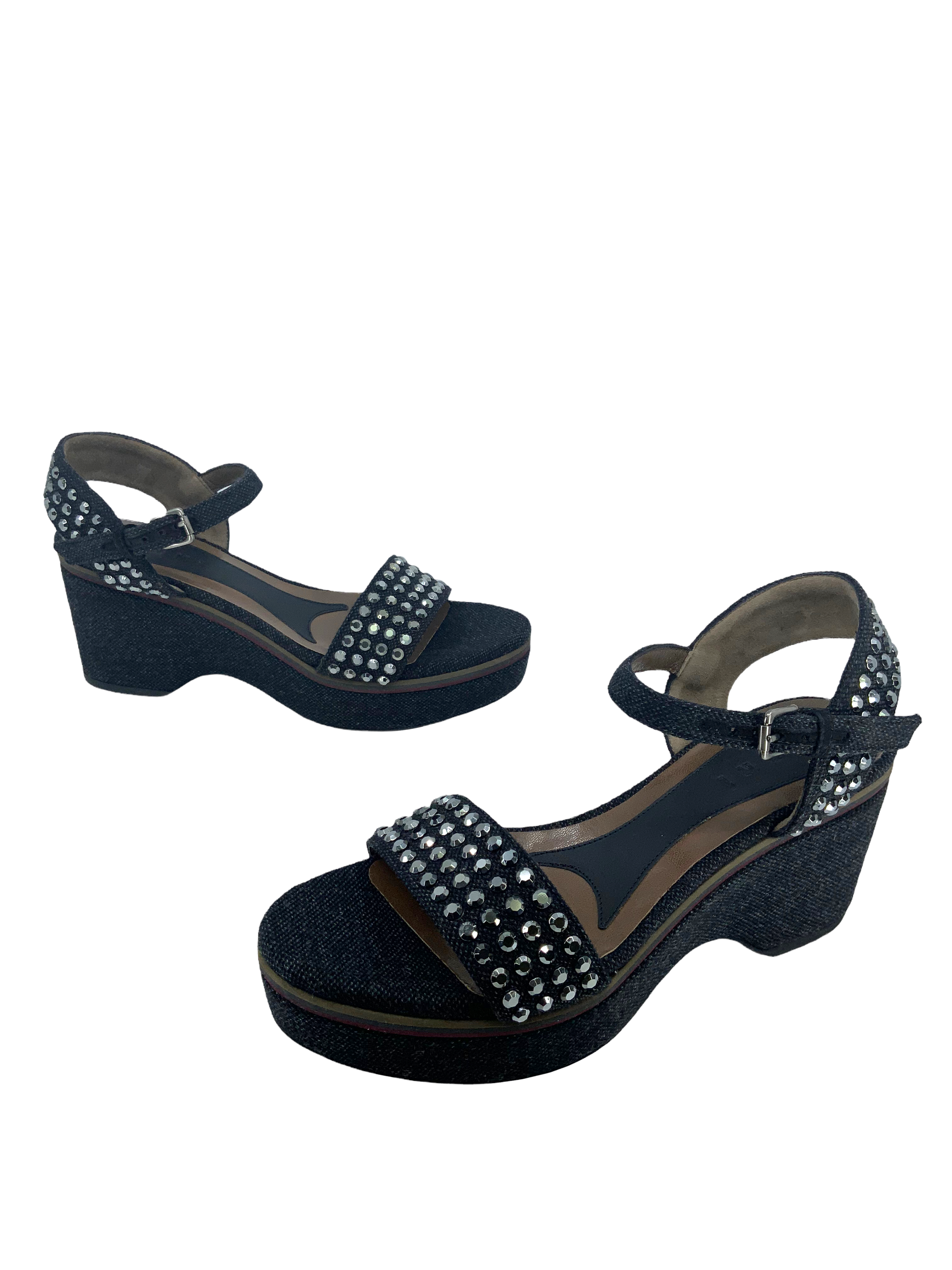 MARNI Studded Denim Ankle Strap Wedge Sandals Women Size 9 | Fashion Designer Shoes for Summer Outfits, Parties & Weddings