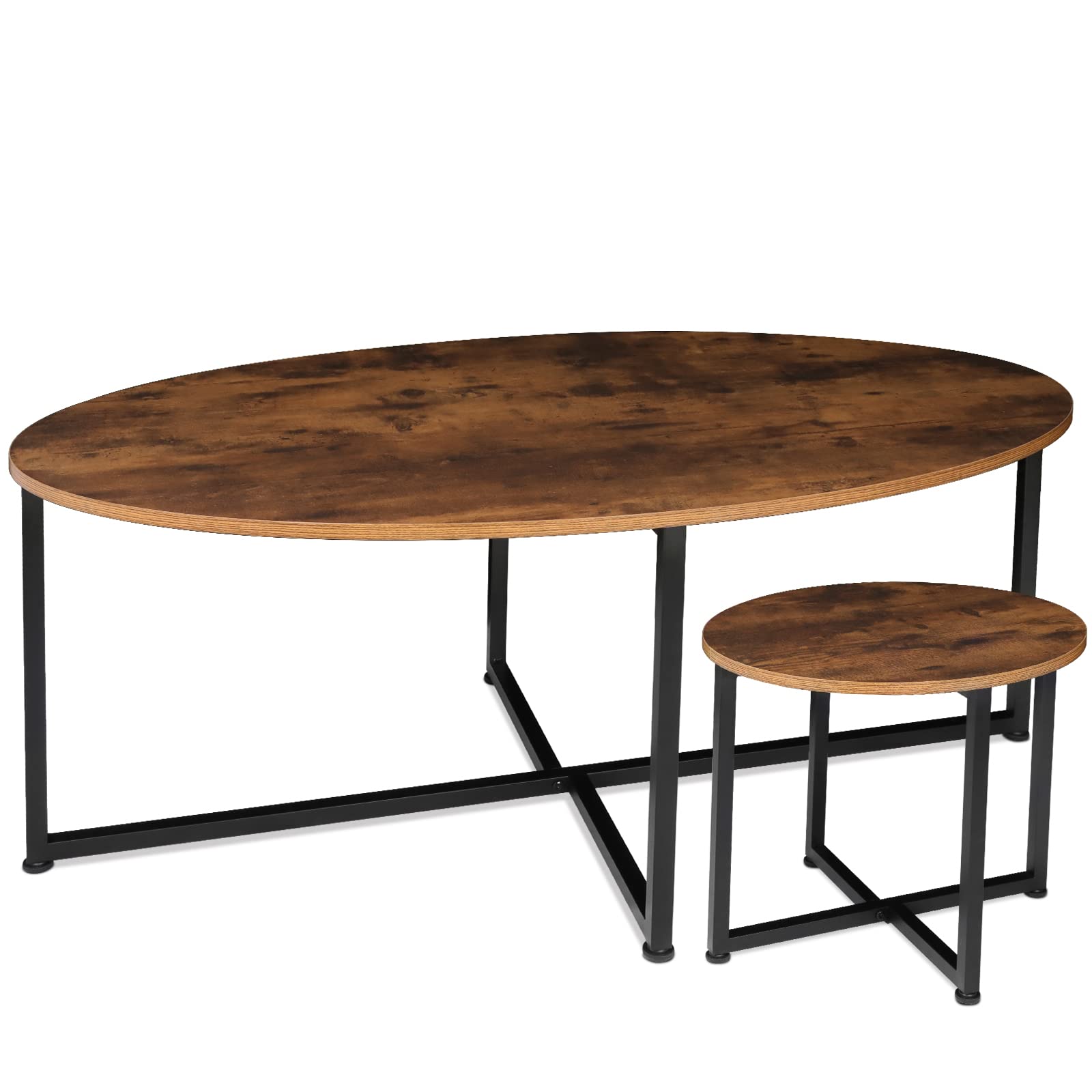 Industrial Metal Frame Coffee Table Set of 2 - Modern Minimalist Side Tables for Living Room & Balcony, Rustic Brown - Perfect for Small Spaces, Home Decor & Coffee Lovers