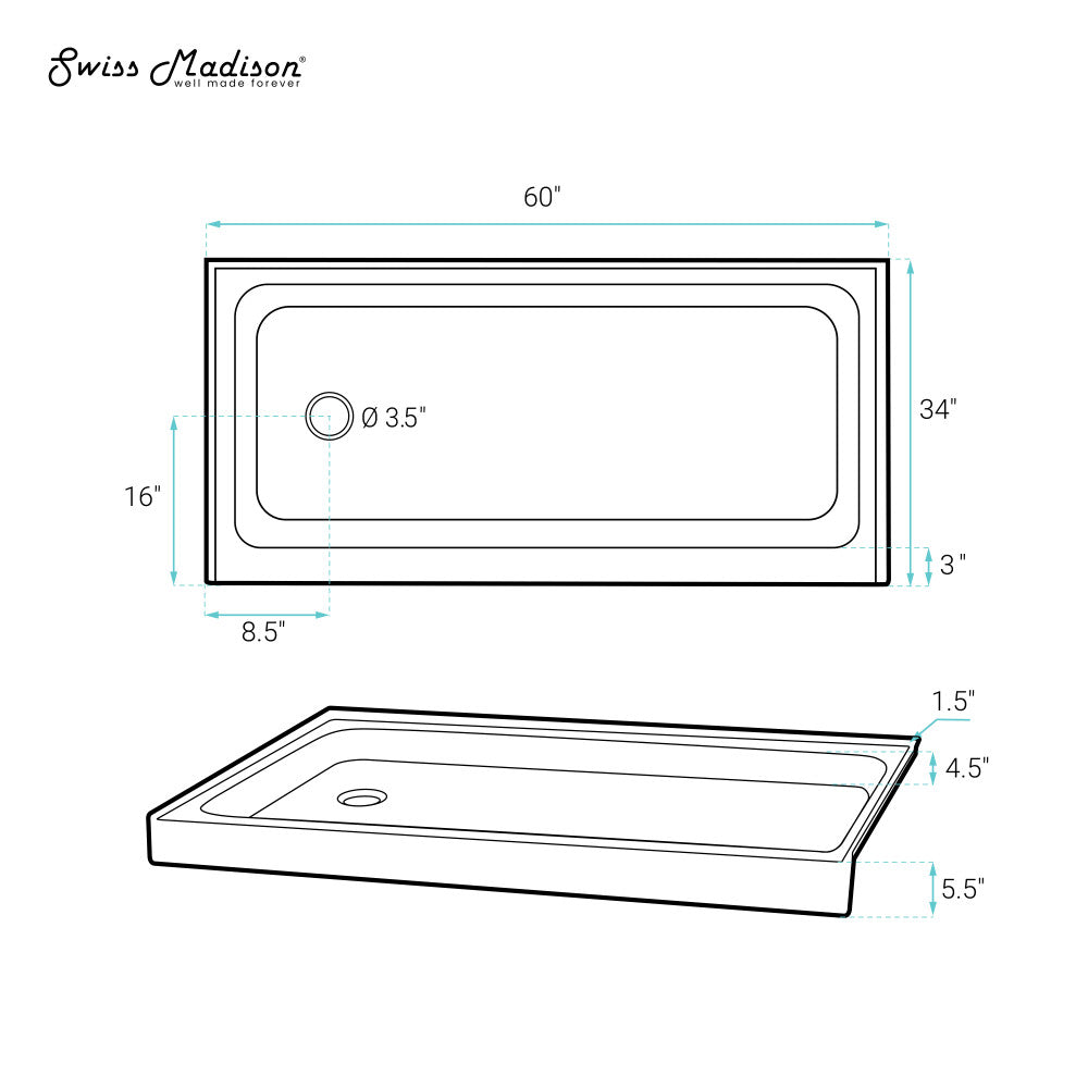 Voltaire 60 x 34 Inch Acrylic Shower Base - White Single Threshold with Left Side Drain - Perfect for Bathroom Remodeling & Modern Home Upgrades