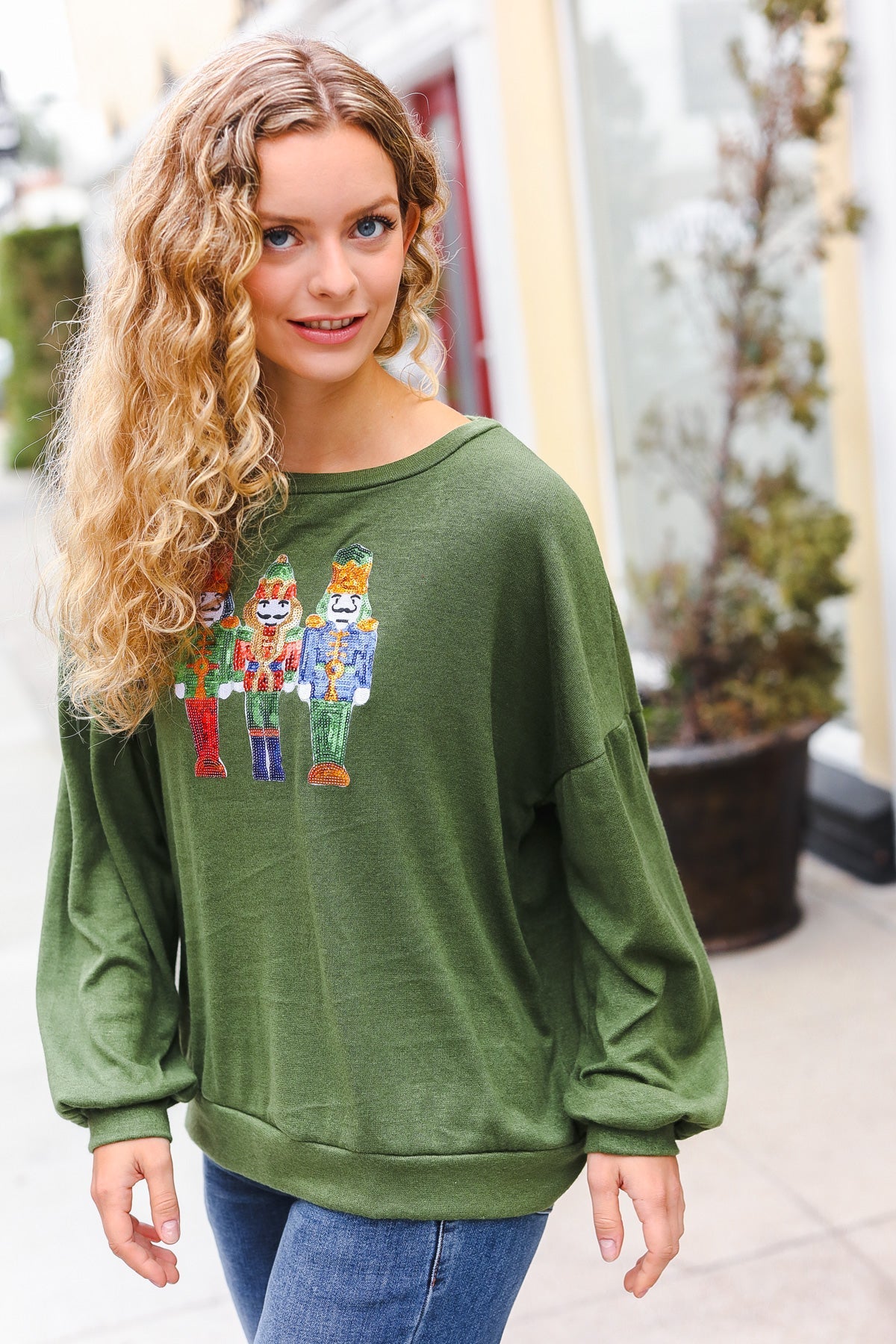 Festive Be Merry Forest Green Nutcracker Sequin Hacci Sweater Top for Christmas Party & Holiday Gatherings