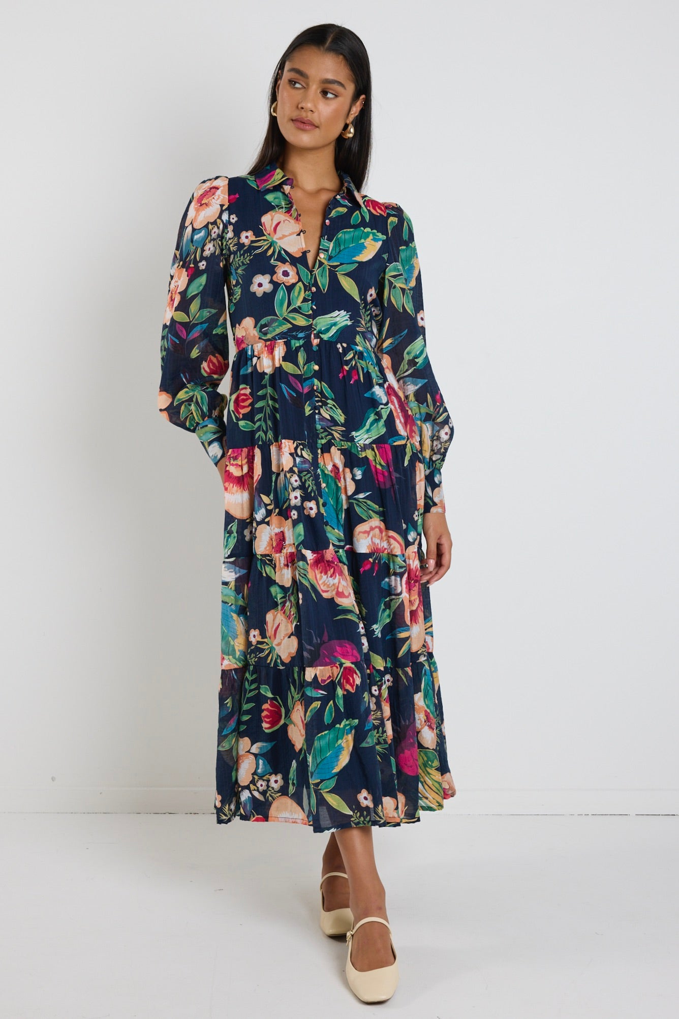 Adair Navy Vibrant Floral Long Sleeve Tiered Shirt Style Maxi Dress for Women | Elegant Boho Chic Midi Dress for Wedding Guest, Party & Special Occasions
