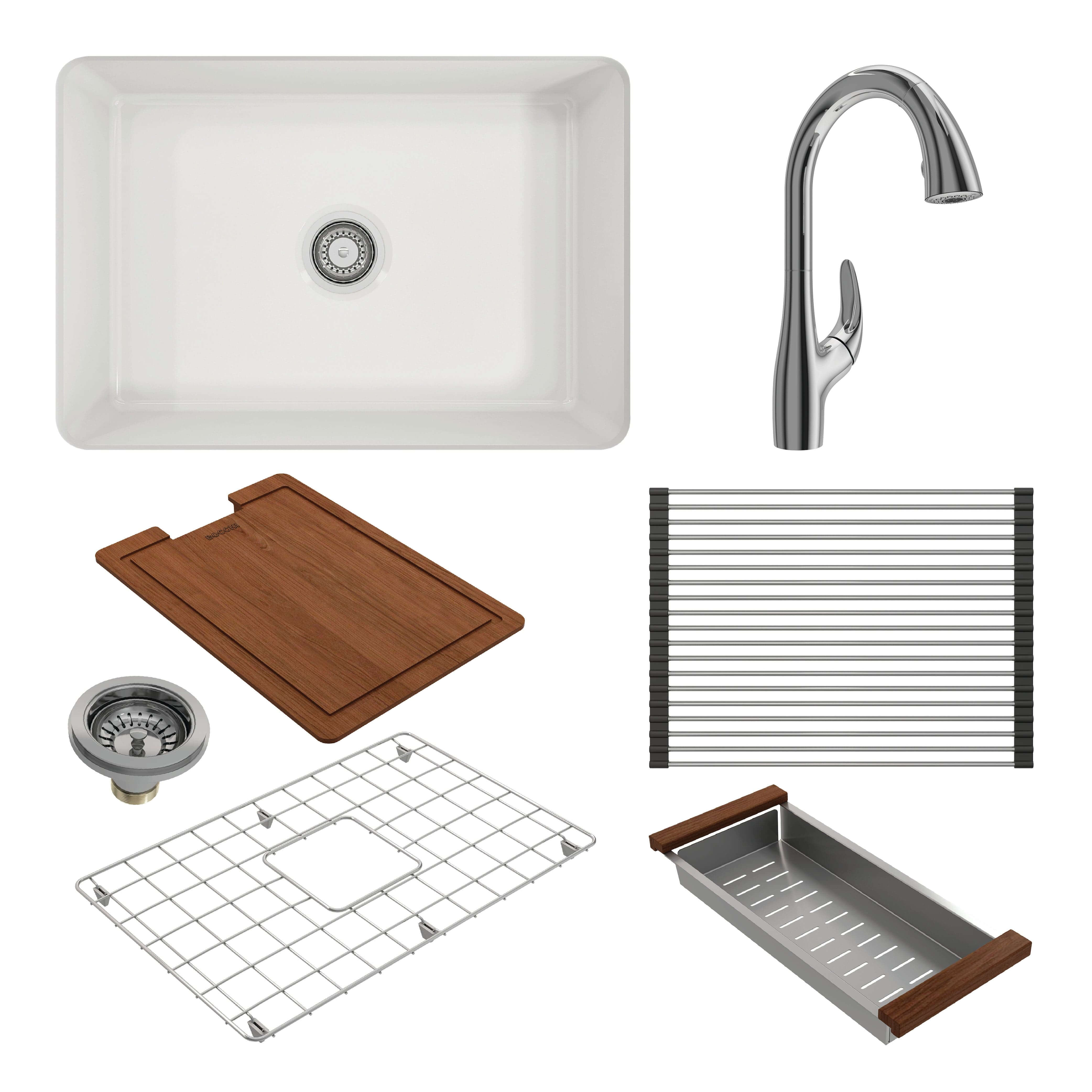 Premium BOCCHI SOTTO 27 Fireclay Workstation Kitchen Sink with Pagano Faucet & Accessories Set - Durable Farmhouse Apron Sink for Modern Kitchens, Baking, Meal Prep & Entertaining