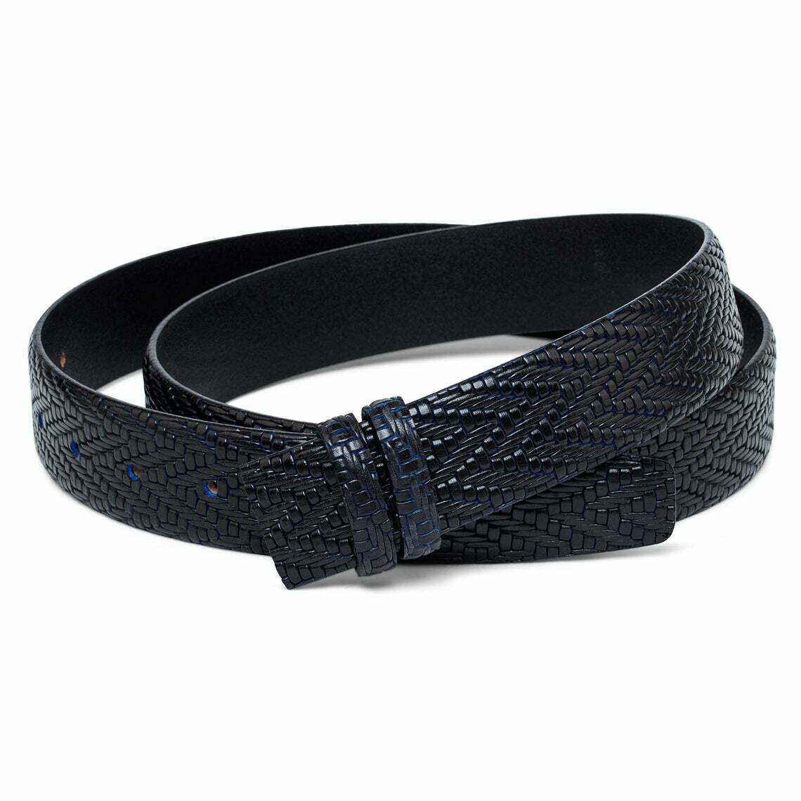 Premium Black Genuine Leather Belt for Cartier Buckles - 35mm Woven Embossed Blue Strap | Formal Wear, Business Attire & Luxury Fashion Accessory
