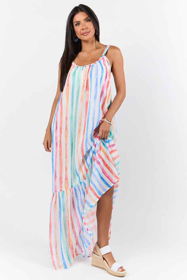 Painting The Sky Multi Watercolor Chiffon Maxi Dress for Women - Flowy Bohemian Beach Dress for Summer Vacations & Date Nights