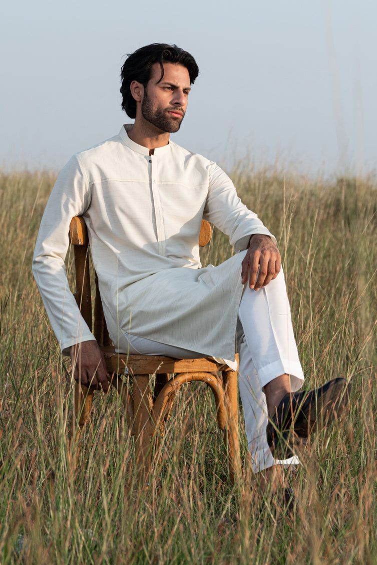 Blended White Kurta by J. Junaid Jamshed | Premium Cotton Embroidered Traditional Pakistani Dress for Men | Perfect for Eid, Weddings & Cultural Events