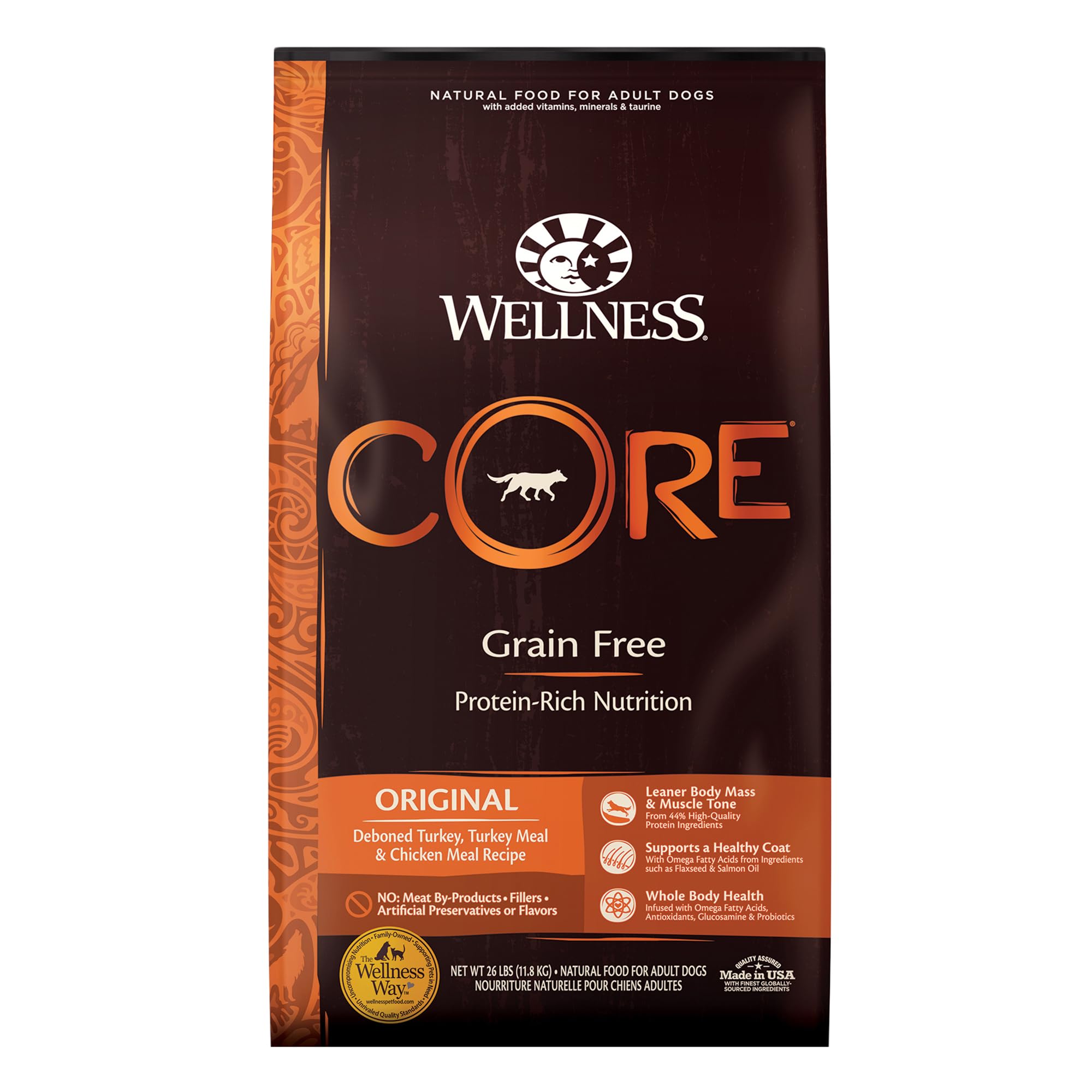 Wellness CORE Grain-Free High Protein Dry Dog Food - Natural Original Turkey & Chicken Recipe (26-Pound Bag) - Perfect for Active Dogs & Weight Management