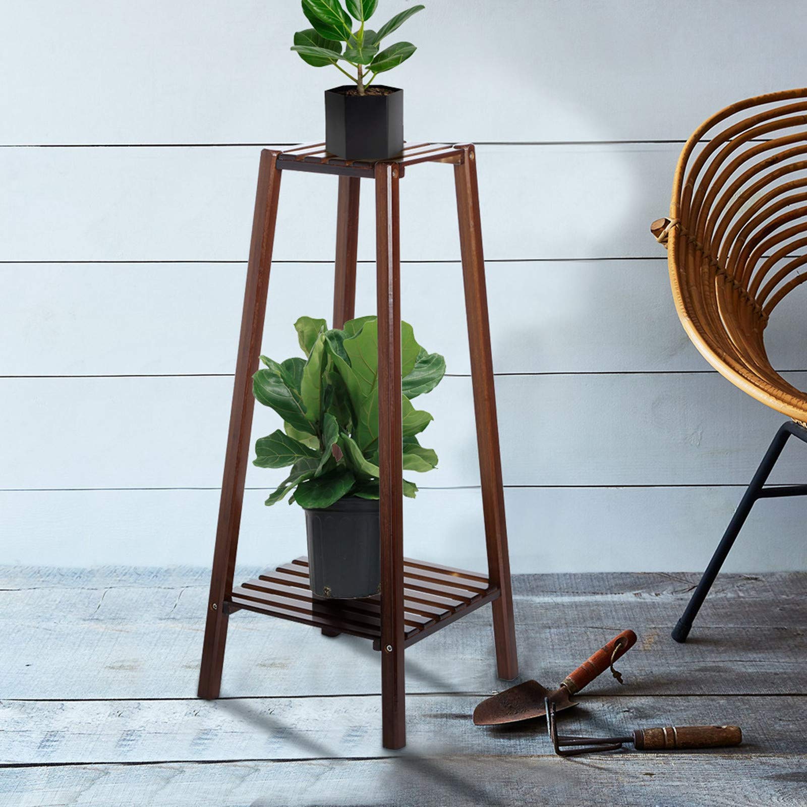 2-Tier Bamboo Plant Stand for Indoor & Outdoor Use - Flower Pot Holder Display Rack for Home & Garden Decor - US Stock (Brown) - Perfect for Balcony, Patio, Living Room & Office Plants