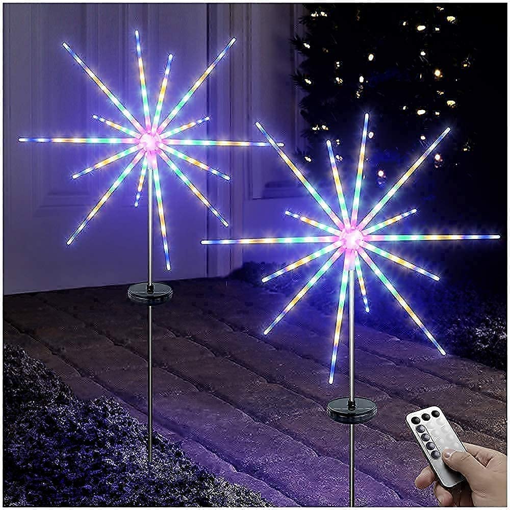 DenicMic Solar Firework Lights Outdoor Decor - 4 Pack (2 Firework + 2 Solar) for Garden, Yard, Patio, Holiday & Party Lighting