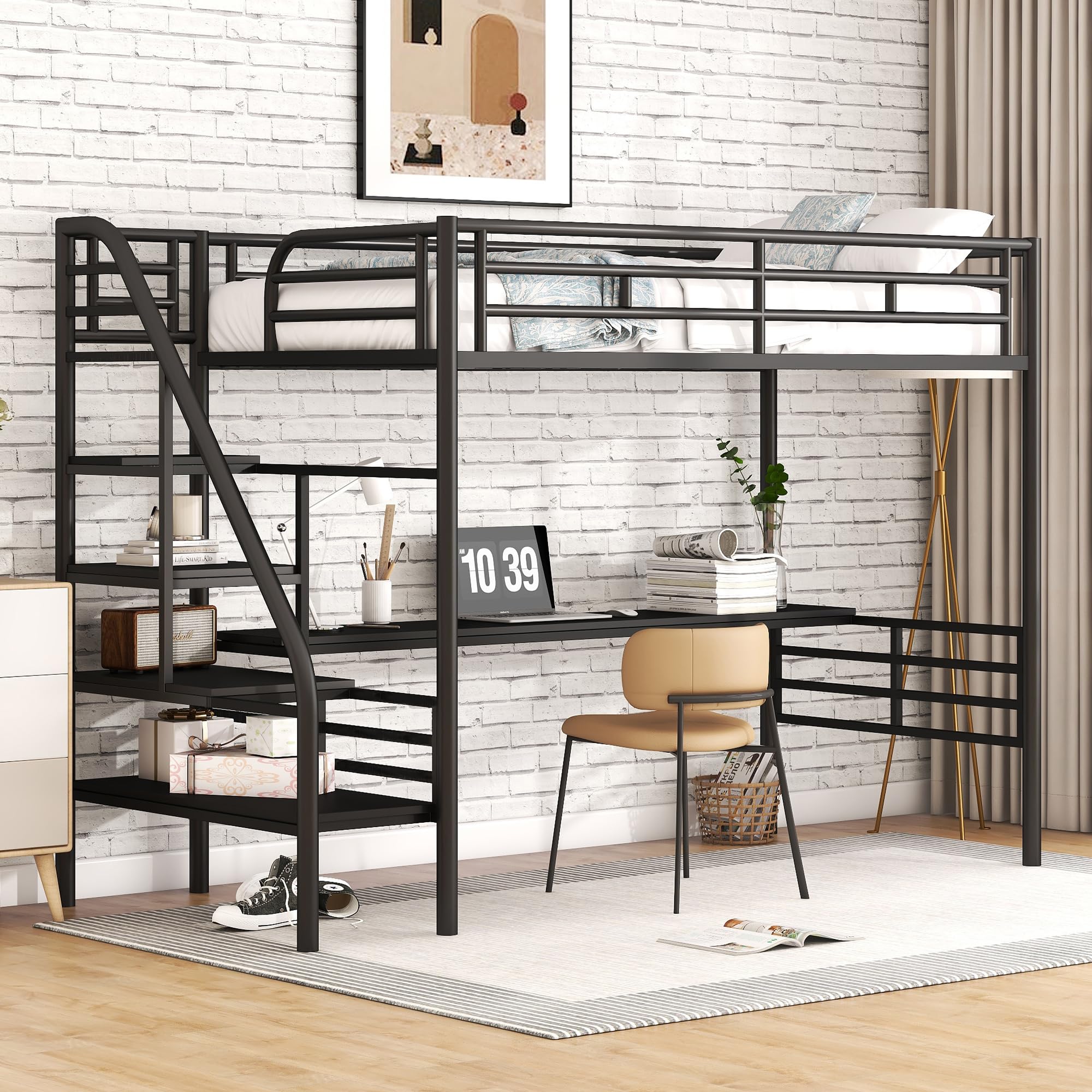 Harper & Bright Designs Twin Size Metal Loft Bed with Stairs, Desk & Workstation - Space Saving Kids & Teens Loft Bed Frame, No Box Spring Needed (Black) - Perfect for Small Bedrooms, Dorm Rooms & Home Offices