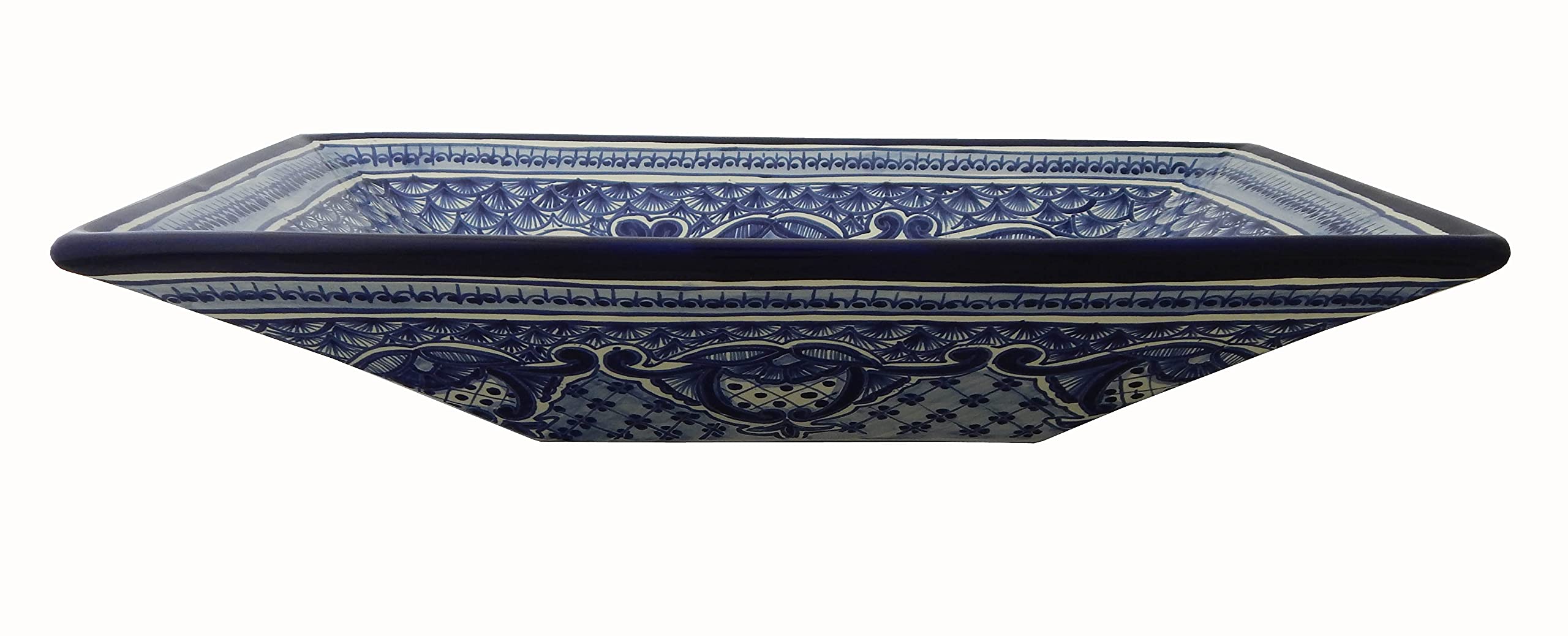Blue and White Ceramic Rectangular Vessel Sink - Mexican Handcrafted Bathroom Basin for Modern & Farmhouse Decor | Perfect for Powder Rooms, Guest Baths, and Vanity Makeovers