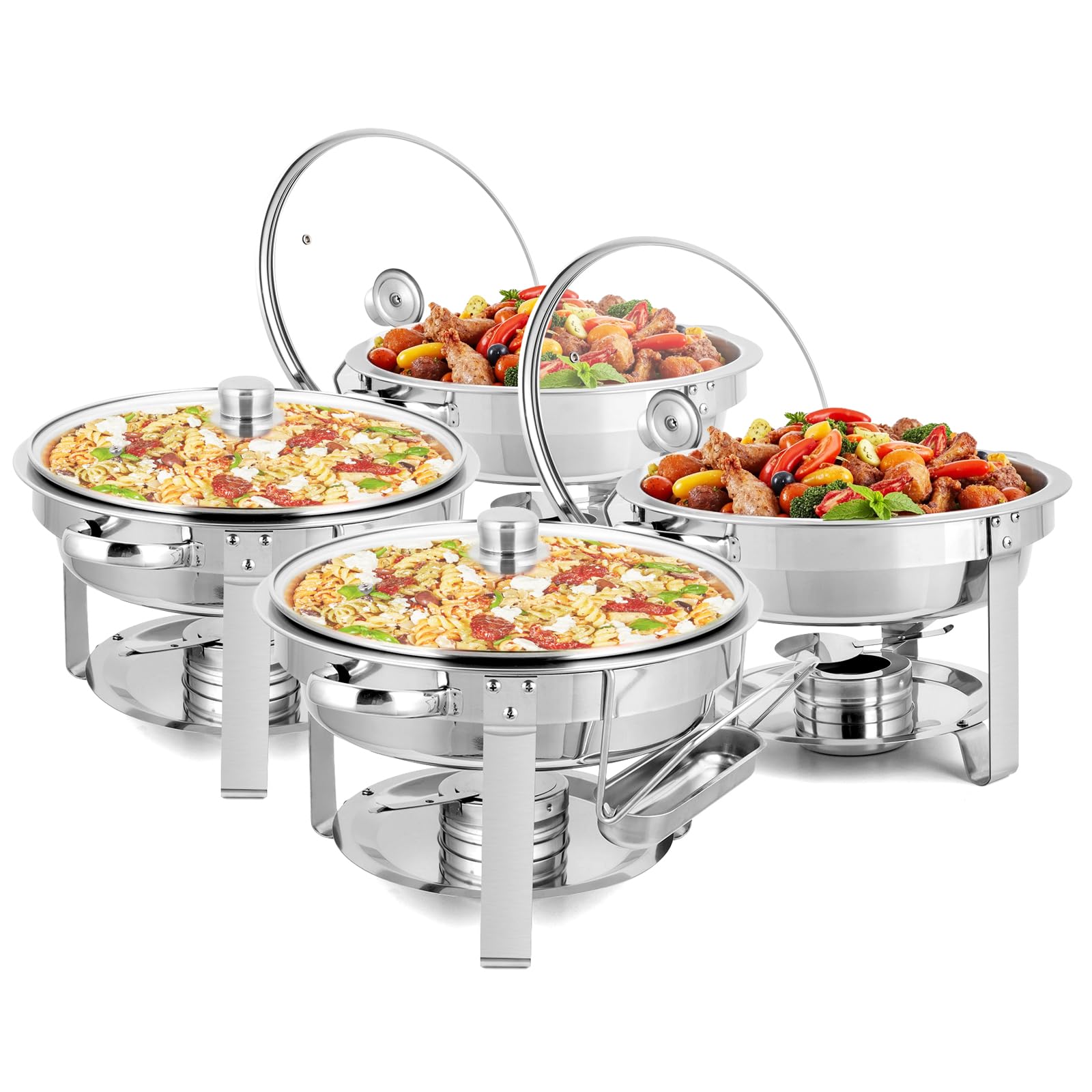 ROVSUN 5Qt 4-Pack Stainless Steel Chafing Dish Buffet Set - NSF Certified Round Food Warmers for Catering, Weddings & Banquets - Includes Glass Lids & Holder with Sturdy Stand Frame - Perfect for Buffet Serving, Party Events & Food Warming Stations