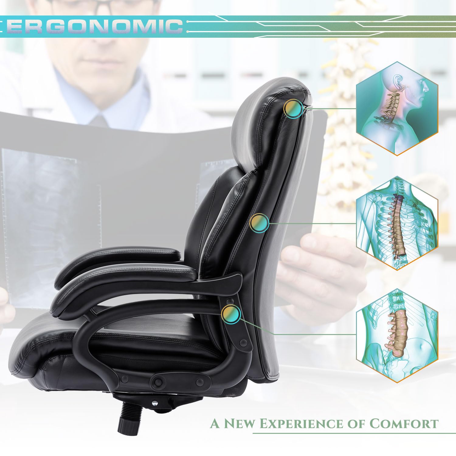 Heavy Duty Big and Tall Office Chair 400lbs - Extra Wide Seat Executive Desk Chair with High Back Ergonomic Support - Leather Computer Chair with Tilt Rock & Tension Control, Padded Armrests - Black - Perfect for Home Office, Gaming, and Long Work Sessions