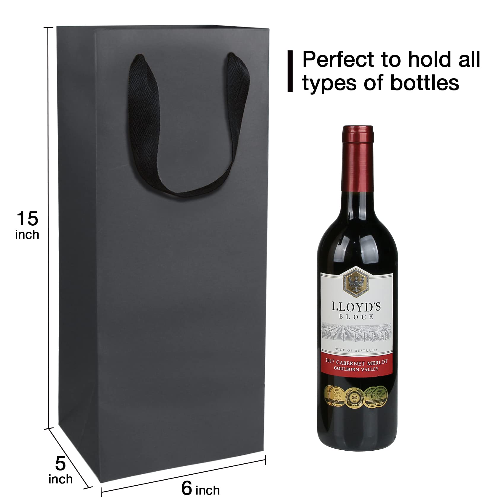 20 Pack Black Wine Gift Bags with Handles - 6x5x15 Inch Bulk Kraft Paper Bottle Bags for Champagne, Liquor & Alcohol Gifts - Perfect for Weddings, Parties & Holiday Presents