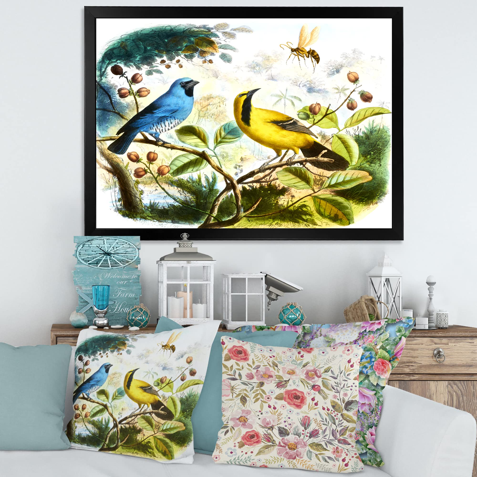 Blue and Yellow Bird in the Wild - Traditional Framed Wall Art Painting - Nature Inspired Home Decor for Living Room, Bedroom & Office