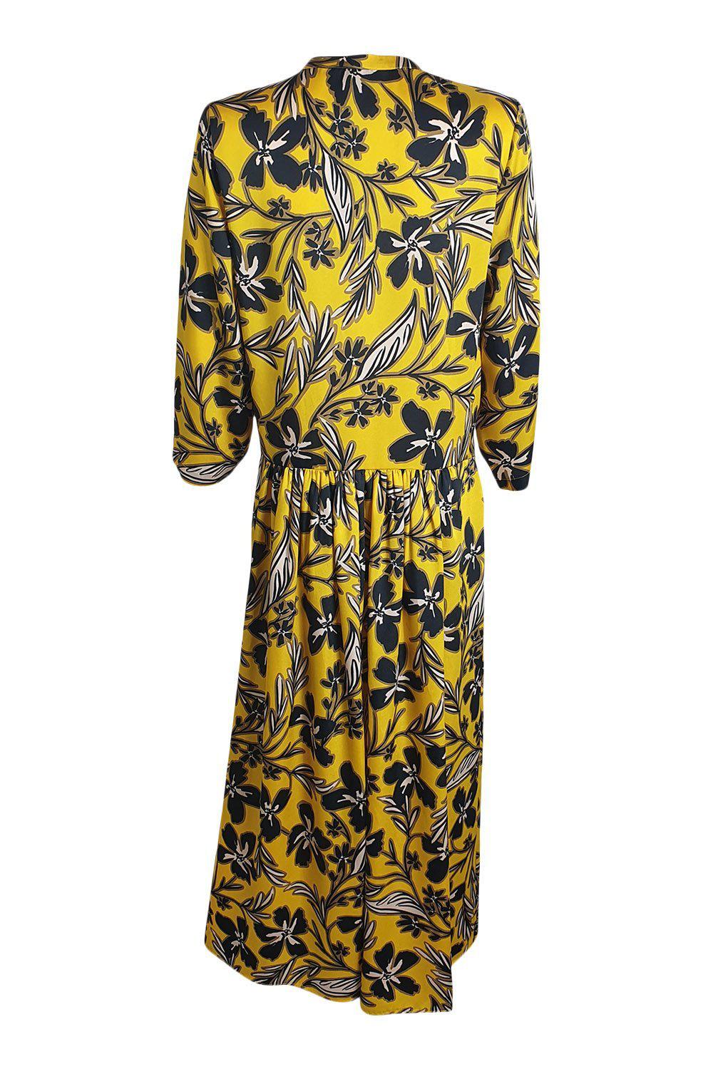 ALYSI CHOCOLAT Sunshine Yellow Floral Print 3/4 Sleeve Midi Dress - Women's Plus Size IT 44 - Perfect for Spring Weddings, Garden Parties & Brunch Dates