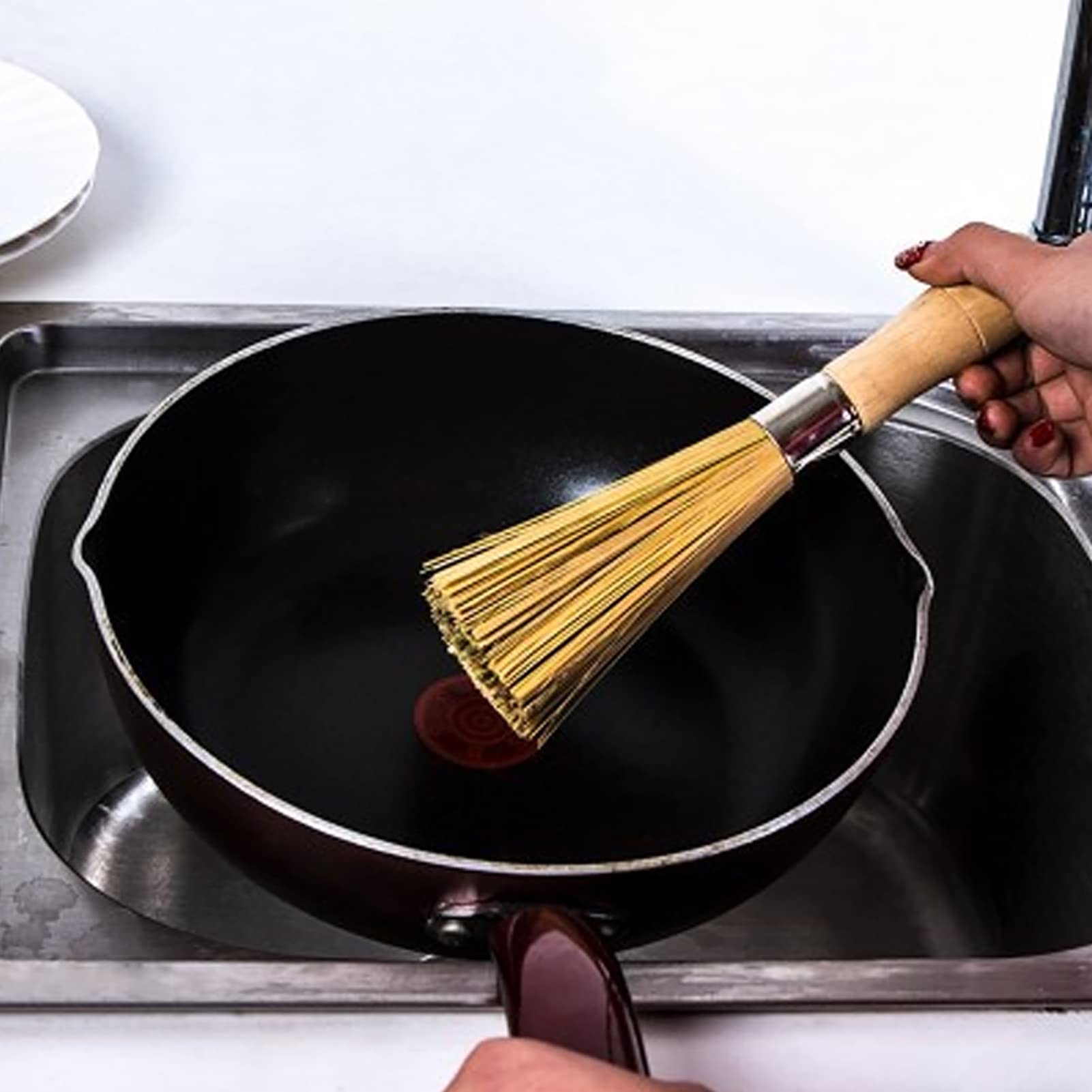 Bamboo Dish Brush with Long Handle - Eco-Friendly Kitchen Scrubber for Pots, Pans & Dishes - Strong Cleaning Power for Tough Stains - Perfect for Daily Dishwashing and Kitchen Cleaning