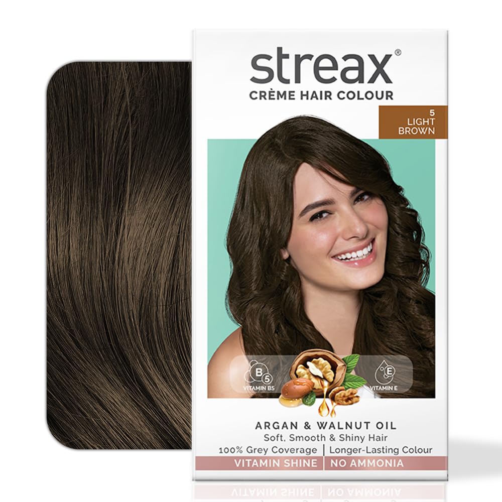 Streax Permanent Hair Color Cream - 100% Gray Coverage with Argan & Walnut Oil - Long Lasting Brown Hair Dye for Women - 5 Light Brown (120ml) - Pack of 1 - Perfect for Home Hair Coloring & Salon-Quality Results