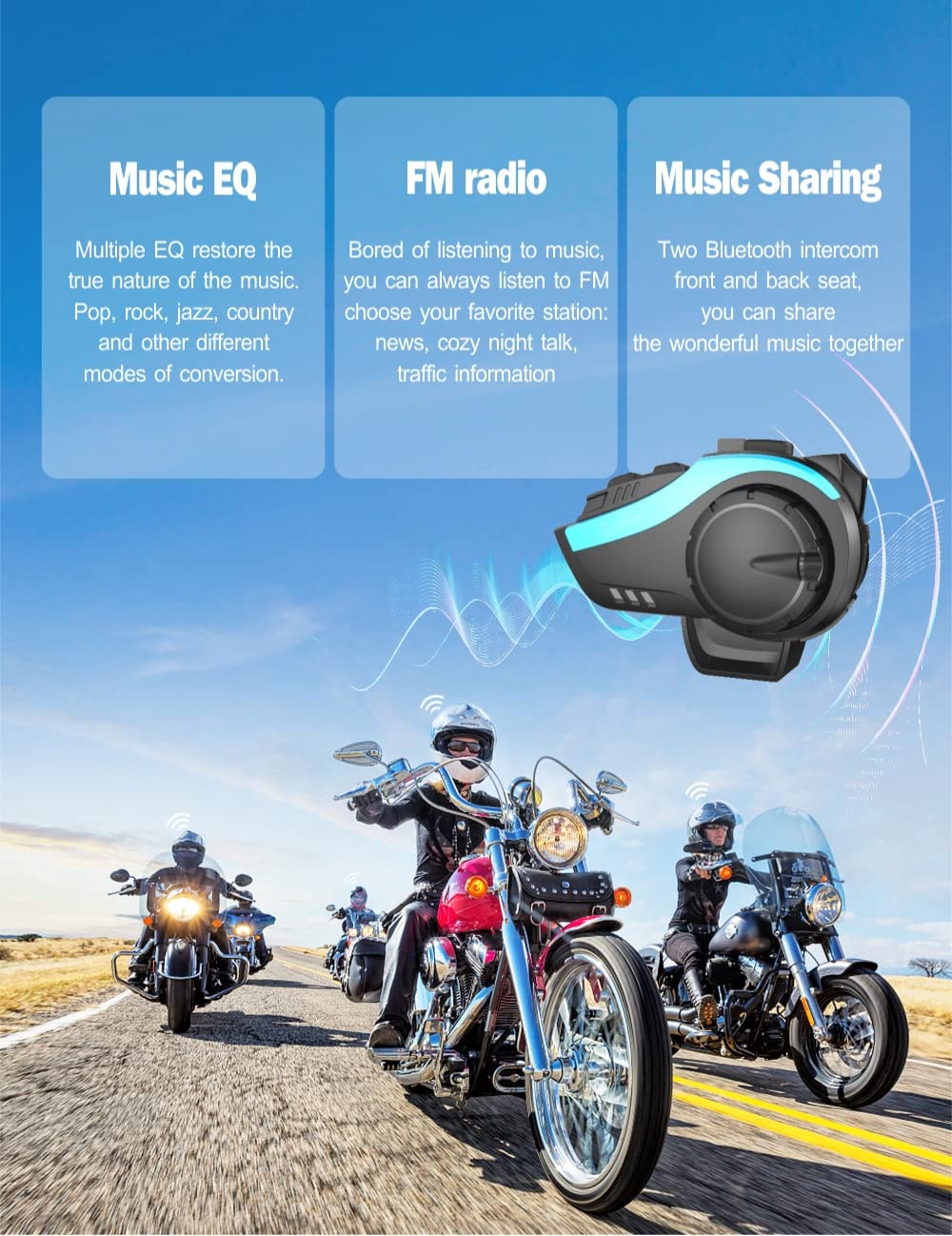 HY-2 Motorcycle Helmet Bluetooth Intercom Kit - DSP/CVC Noise Cancellation Headset for 6 Riders Group Communication, 2000m Range with FM Radio (1 Pack) - Perfect for Group Rides, Touring & Adventure Motorcycling