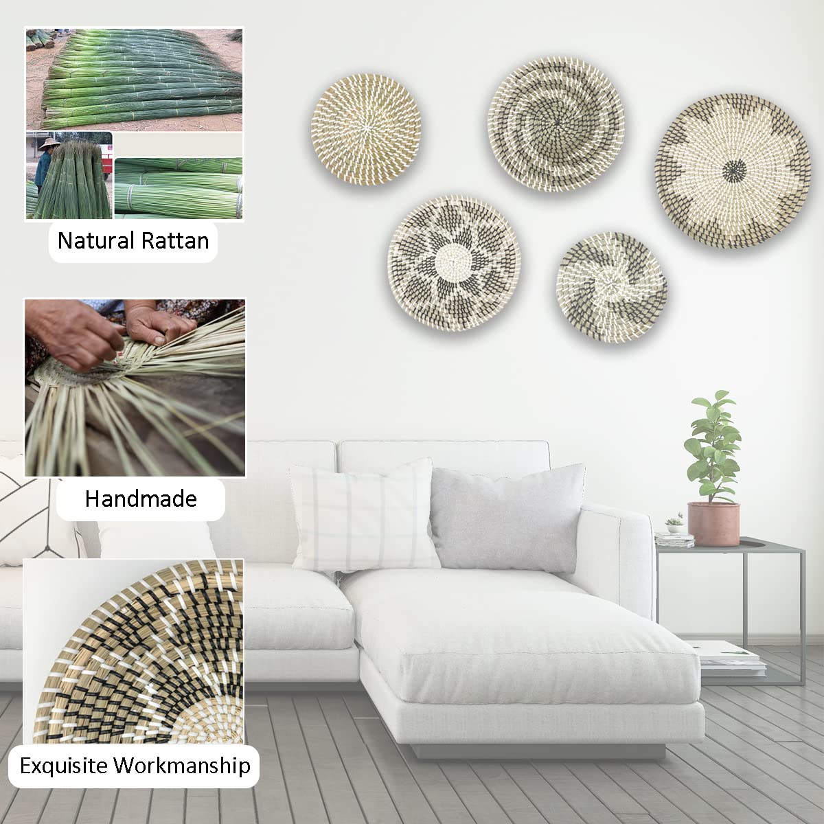 Set of 5 Handmade Rattan Hanging Wall Baskets - Boho Woven Seagrass Wall Decor for Living Room & Bedroom - Unique Natural Fiber Wall Art for Home Decor, Storage, and Cozy Interior Design