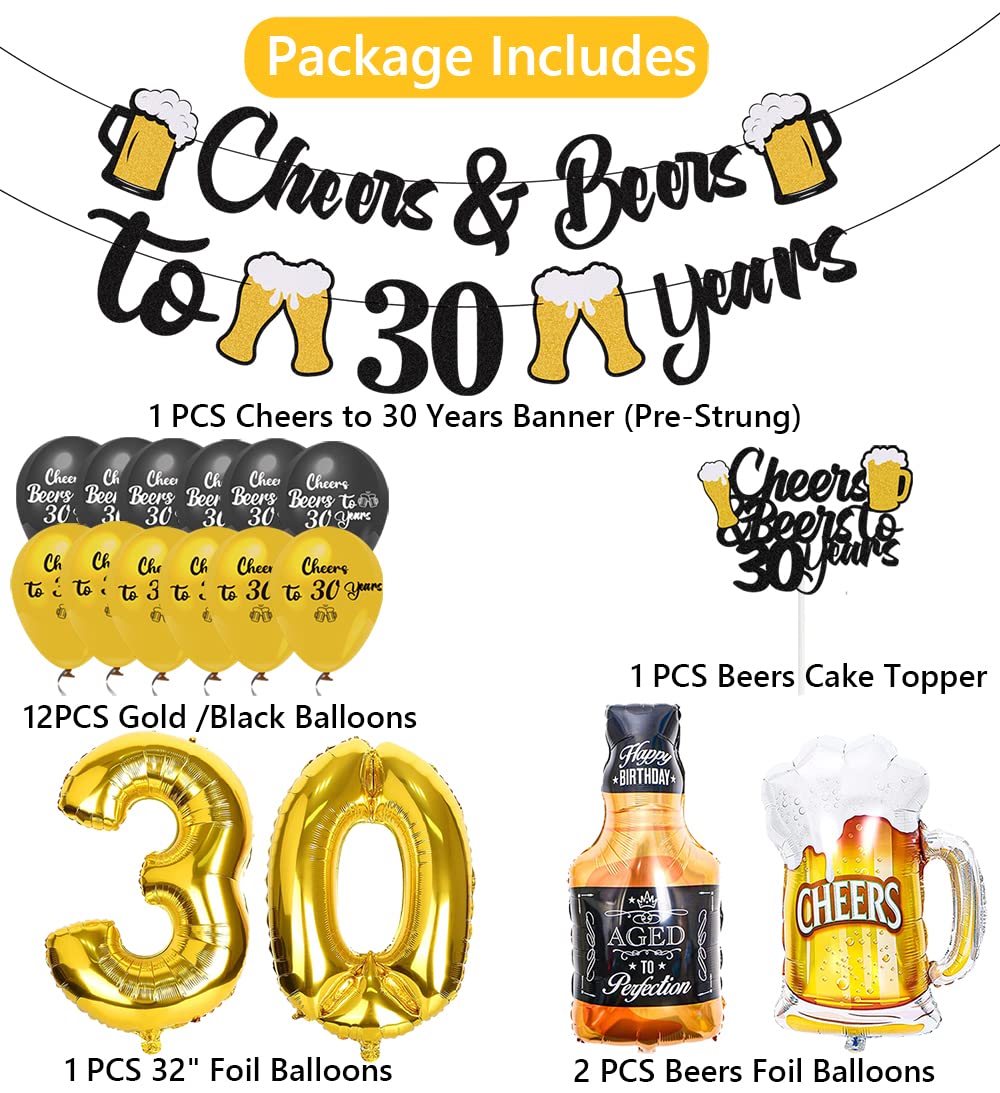 30th Birthday Decorations Set - 17Pcs Gold Balloons, Cake Topper & Banner for 30 Years Old Party Supplies | Perfect for Milestone Celebrations, Adult Birthday Parties & Anniversary Decor